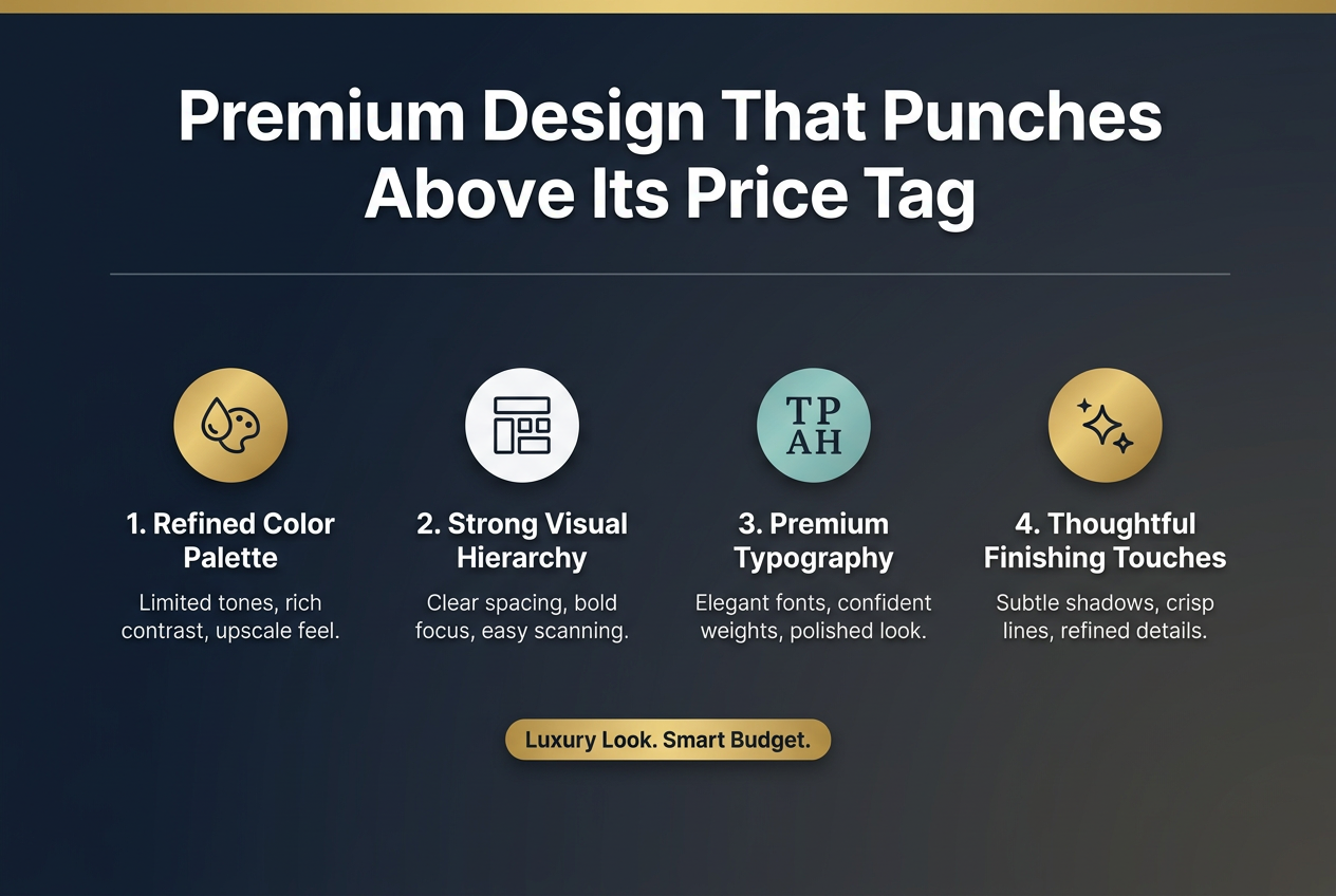 Create a full-bleed horizontal infographic in a 3:2 aspect ratio with a clean premium aesthetic, wide multi-column layout, and no inset frame. Use a deep navy-to-charcoal gradient background with accents of gold, white, and soft teal. At the top, place a large bold heading in modern sans-serif type: "Premium Design That Punches Above Its Price Tag". Beneath the heading, arrange four evenly spaced horizontal feature blocks across the center of the canvas, each with a circular icon above a short title and one-line supporting text.

Block 1 on the left: a gold droplet/palette icon, title text "1. Refined Color Palette", and smaller text "Limited tones, rich contrast, upscale feel."
Block 2: a white grid/layout icon, title text "2. Strong Visual Hierarchy", and smaller text "Clear spacing, bold focus, easy scanning."
Block 3: a teal typography icon with stacked letters, title text "3. Premium Typography", and smaller text "Elegant fonts, confident weights, polished look."
Block 4 on the right: a gold sparkle/detail icon, title text "4. Thoughtful Finishing Touches", and smaller text "Subtle shadows, crisp lines, refined details."

Place a slim horizontal divider line under the heading and a small centered badge near the bottom reading "Luxury Look. Smart Budget." in uppercase white text inside a gold rounded rectangle. Use clean editorial spacing, high contrast, subtle shadows, and a professional infographic style with balanced symmetry.