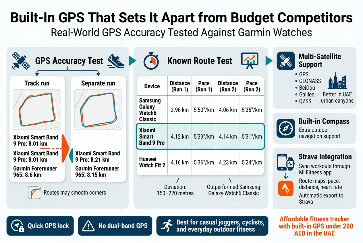 Create a clean, professional full-bleed infographic in a 3:2 aspect ratio with a modern tech style, white background, deep blue and teal accents, orange highlights, and bold sans-serif typography.

Top header across the full width:
Large bold title: "Built-In GPS That Sets It Apart from Budget Competitors"
Smaller subtitle below: "Real-World GPS Accuracy Tested Against Garmin Watches"

Main layout: wide horizontal infographic with 3 main sections arranged left to right, using cards, icons, arrows, and comparison visuals.

LEFT SECTION: GPS performance comparison
Add a satellite icon and running shoe icon near the heading:
"GPS Accuracy Test"
Show two side-by-side route cards with map-line graphics:
Card 1 label: "Track run"
Text: "Xiaomi Smart Band 9 Pro: 8.01 km"
Text: "Garmin Forerunner 965: 8.6 km"
Include a visible red/orange gap indicator between the two distances.
Card 2 label: "Separate run"
Text: "Xiaomi Smart Band 9 Pro: 8.21 km"
Text: "Garmin Forerunner 965: 8.15 km"
Add a small note under the cards with a corner-smoothing route graphic:
"Routes may smooth corners"

CENTER SECTION: device comparison table
Add a stopwatch icon and a comparison chart icon.
Heading: "Known Route Test"
Display a clean 3-row table with clear grid lines and bold device names.

Column headers:
"Device" | "Distance (Run 1)" | "Pace (Run 1)" | "Distance (Run 2)" | "Pace (Run 2)"

Rows:
"Samsung Galaxy Watch6 Classic" | "3.96 km" | "5'50\"/km" | "4.06 km" | "5'35\"/km"
"Xiaomi Smart Band 9 Pro" | "4.12 km" | "5'39\"/km" | "4.14 km" | "5'31\"/km"
"Huawei Watch Fit 2" | "4.16 km" | "5'36\"/km" | "4.23 km" | "5'24\"/km"

Highlight the Xiaomi row with a teal background or outline.
Add a small callout beneath the table:
"Deviation: 150–220 metres"
Another small callout:
"Outperformed Samsung Galaxy Watch6 Classic"

RIGHT SECTION: feature callouts
Use three stacked feature blocks with icons.

Block 1 with satellite constellation icon:
"Multi-Satellite Support"
List in small bullets:
"GPS"
"GLONASS"
"BeiDou"
"Galileo"
"QZSS"

Add a small skyline icon next to the text:
"Better in UAE urban canyons"

Block 2 with a compass icon:
"Built-in Compass"
Small text:
"Extra outdoor navigation support"

Block 3 with a phone-to-watch sync icon and Strava logo-style icon:
"Strava Integration"
Small text:
"Sync workouts through Mi Fitness app"
Small text:
"Route maps, pace, distance, heart rate"
Small text:
"Automatic export to Strava"

BOTTOM STRIP across the full width with 3 summary badges:
Badge 1 with a quick-lock GPS icon:
"Quick GPS lock"
Badge 2 with a warning triangle icon:
"No dual-band GPS"
Badge 3 with a runner icon:
"Best for casual joggers, cyclists, and everyday outdoor fitness"

Bottom-right small emphasis text in bold orange:
"Affordable fitness tracker with built-in GPS under 200 AED in the UAE"

Use clear hierarchy, strong spacing, clean icons, and professional infographic styling. Avoid clutter. Keep text sharp, readable, and exactly as written.