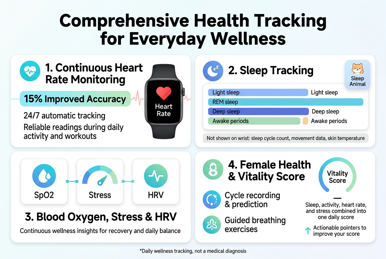 Create a full-bleed 3:2 landscape infographic in a clean modern tech style about smartwatch wellness tracking. Use a bright white background with Xiaomi-style accents in cyan, teal, blue, and soft green, with dark charcoal text. Bold sans-serif typography, strong visual hierarchy, crisp vector icons, rounded cards, subtle gradients, and plenty of whitespace. Place a large bold title across the top: "Comprehensive Health Tracking for Everyday Wellness".

Below the title, arrange four wide horizontal sections in a 2x2 grid with clear numbered labels and matching icons:

1. Top left section with a heart icon and smartwatch graphic: heading "1. Continuous Heart Rate Monitoring" and a large highlighted badge reading "15% Improved Accuracy". Include smaller text: "24/7 automatic tracking" and "Reliable readings during daily activity and workouts". Add a small pulse waveform line behind the text.

2. Top right section with a moon and sleep icon: heading "2. Sleep Tracking" and a sleep stages panel showing four stacked colored bars labeled "Light sleep", "REM sleep", "Deep sleep", and "Awake periods". Add a small cute animal badge labeled "Sleep Animal". Include a small note box at the bottom of this section: "Not shown on wrist: sleep cycle count, movement data, skin temperature".

3. Bottom left section with three circular metric icons: a blood drop/oxygen icon labeled "SpO2", a stress gauge icon labeled "Stress", and an HRV wave icon labeled "HRV". Add the heading "3. Blood Oxygen, Stress & HRV" and a smaller caption: "Continuous wellness insights for recovery and daily balance". Use three connected mini cards or gauges.

4. Bottom right section with a female health icon and a score badge: heading "4. Female Health & Vitality Score". Include two sub-bullets with icons: "Cycle recording & prediction" and "Guided breathing exercises". Add a large circular score graphic labeled "Vitality Score" with a short line below: "Sleep, activity, heart rate, and stress combined into one daily score". Include a small upward arrow and text: "Actionable pointers to improve your score".

Add a thin footer strip across the bottom with a small disclaimer-style note in compact text: "Daily wellness tracking, not a medical diagnosis". Use clean alignment, balanced spacing, and a premium fitness-tech infographic look. No people, no photorealism, no vertical poster layout, no inset frame.