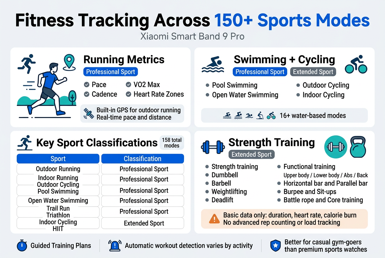 Create a clean, modern fitness infographic in a 3:2 landscape aspect ratio with a full-bleed layout, no poster frame, no inset margins, and a wide horizontal composition. Use a professional tech style with white background, electric blue, teal, and dark gray accents, bold sans-serif typography, clear section dividers, and simple vector icons.

Top header across the full width: large bold title text in dark gray and blue, exactly: "Fitness Tracking Across 150+ Sports Modes". Under it, a smaller subtitle in gray: "Xiaomi Smart Band 9 Pro".

Main layout: four wide horizontal sections arranged in a 2x2 grid across the page, each with an icon, heading, and concise bullet points.

Section 1 at upper left: running scene with a runner icon and GPS pin icon. Heading: "Running Metrics". Include a blue label badge: "Professional Sport". Add bullet points with small check icons:
- "Pace"
- "Cadence"
- "VO2 Max"
- "Heart Rate Zones"
Add a smaller callout box beneath with a GPS satellite icon and text: "Built-in GPS for outdoor running" and "Real-time pace and distance"

Section 2 at upper right: swimming and cycling split panel with water wave icon on left and bicycle icon on right. Heading: "Swimming + Cycling". Include two blue label badges: "Professional Sport" and "Extended Sport". Add bullet points:
- "Pool Swimming"
- "Open Water Swimming"
- "Outdoor Cycling"
- "Indoor Cycling"
Add a small row of tiny water-sport icons below with text: "16+ water-based modes"

Section 3 at lower left: sports classification mini-table with clean lines, two-column layout, white cards, blue headers. Heading: "Key Sport Classifications". Show exact table text:
"Sport | Classification"
"Outdoor Running | Professional Sport"
"Indoor Running | Professional Sport"
"Outdoor Cycling | Professional Sport"
"Pool Swimming | Professional Sport"
"Open Water Swimming | Professional Sport"
"Trail Run | Professional Sport"
"Triathlon | Professional Sport"
"Indoor Cycling | Extended Sport"
"HIIT | Extended Sport"
Add a small badge near the title: "158 total modes"

Section 4 at lower right: strength training scene with dumbbell, barbell, and bodyweight icons. Heading: "Strength Training". Include a gray label badge: "Extended Sport". Add grouped bullet points in two columns:
- "Strength training"
- "Dumbbell"
- "Barbell"
- "Weightlifting"
- "Deadlift"
- "Functional training"
- "Upper body / Lower body / Abs / Back"
- "Horizontal bar and Parallel bar"
- "Burpee and Sit-ups"
- "Battle rope and Core training"
Add a warning-style note box with a subtle orange accent and text: "Basic data only: duration, heart rate, calorie burn" and "No advanced rep counting or load tracking"

Bottom footer strip across the width with three icon callouts and short text:
- stopwatch icon: "Guided Training Plans"
- alert/auto-detect icon: "Automatic workout detection varies by activity"
- shield/star icon: "Better for casual gym-goers than premium sports watches"

Use crisp vector illustrations, strong hierarchy, plenty of spacing, and readable text. Keep all text exactly as written, with no extra words.