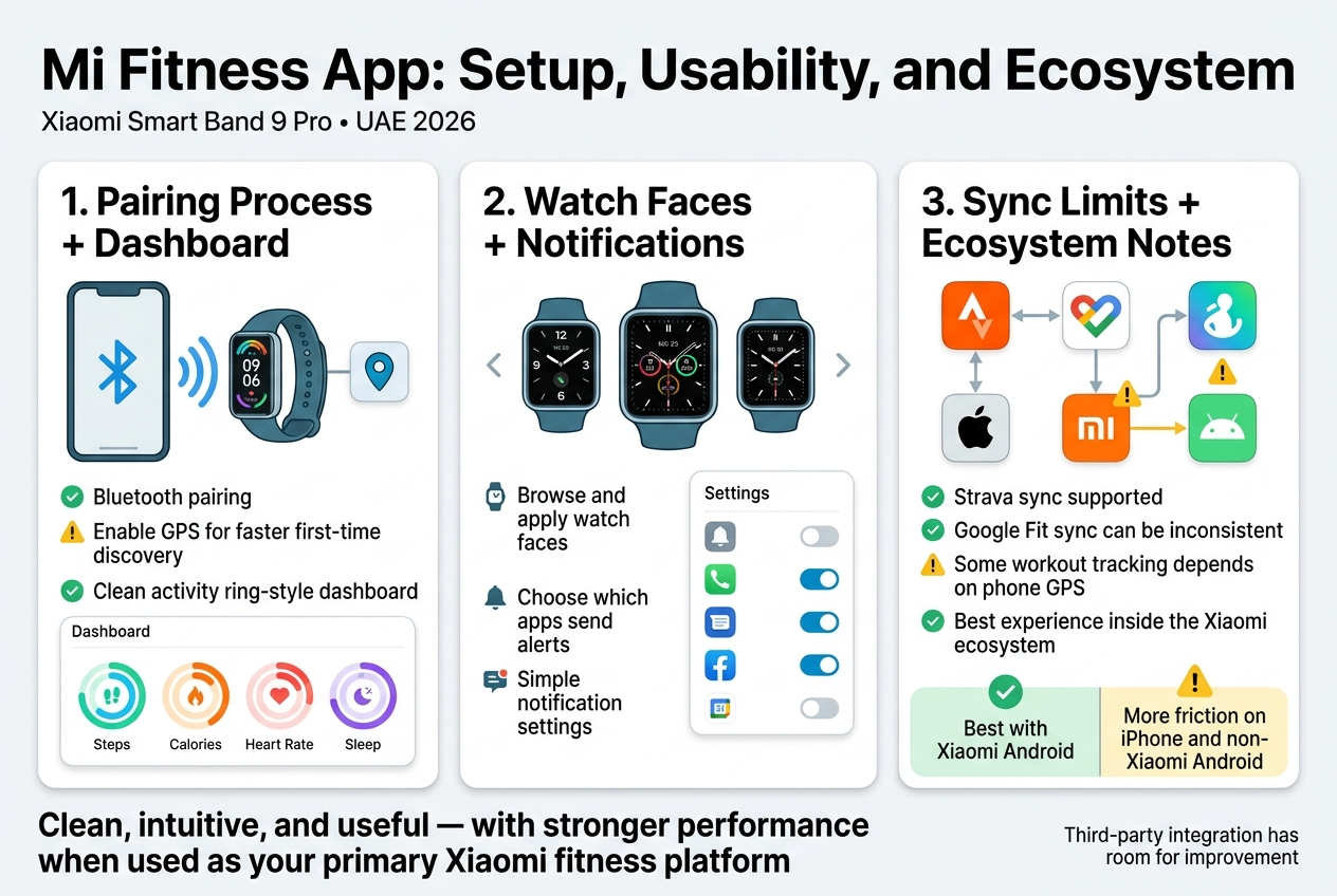 Create a full-bleed wide infographic illustration in 3:2 aspect ratio with a clean modern tech style, white background with Xiaomi-inspired accents in teal, blue, and light gray, bold sans-serif typography, subtle card shadows, crisp flat vector icons, and strong visual hierarchy.

Top header across the full width:
Large bold title text: "Mi Fitness App: Setup, Usability, and Ecosystem"
Small subtitle beneath: "Xiaomi Smart Band 9 Pro • UAE 2026"

Below the header, arrange three wide horizontal content sections in a 3-column layout with clear separators and rounded cards.

LEFT COLUMN / SECTION 1:
Heading: "1. Pairing Process + Dashboard"
Show a smartphone with Bluetooth waves connecting to a fitness band and a small GPS pin icon.
Include 3 short bullet points with check and warning icons:
- "Bluetooth pairing"
- "Enable GPS for faster first-time discovery"
- "Clean activity ring-style dashboard"
Show a dashboard preview with circular activity rings and small labels for "Steps", "Calories", "Heart Rate", and "Sleep".

CENTER COLUMN / SECTION 2:
Heading: "2. Watch Faces + Notifications"
Show a watch face carousel with 3 different smartwatch face designs.
Include a settings panel with toggle switches and app icons for calls, messages, social media, and calendar.
Use small icon markers:
- watch icon for customization
- bell icon for notifications
- toggle switches in on/off states
Add short text bullets:
- "Browse and apply watch faces"
- "Choose which apps send alerts"
- "Simple notification settings"

RIGHT COLUMN / SECTION 3:
Heading: "3. Sync Limits + Ecosystem Notes"
Show connected app icons: Strava, Google Fit, Samsung Health, iPhone, Xiaomi Android, with lines indicating syncing.
Add warning icons next to problem areas.
Include 4 concise bullet points:
- "Strava sync supported"
- "Google Fit sync can be inconsistent"
- "Some workout tracking depends on phone GPS"
- "Best experience inside the Xiaomi ecosystem"
Use a split comparison visual: a green check side labeled "Best with Xiaomi Android" and a yellow caution side labeled "More friction on iPhone and non-Xiaomi Android"

Bottom footer bar across the full width:
Bold takeaway text: "Clean, intuitive, and useful — with stronger performance when used as your primary Xiaomi fitness platform"
Small note text: "Third-party integration has room for improvement"

Use wide horizontal spacing, no centered vertical poster layout, no dense paragraphs, and keep all text sharp, legible, and minimal.