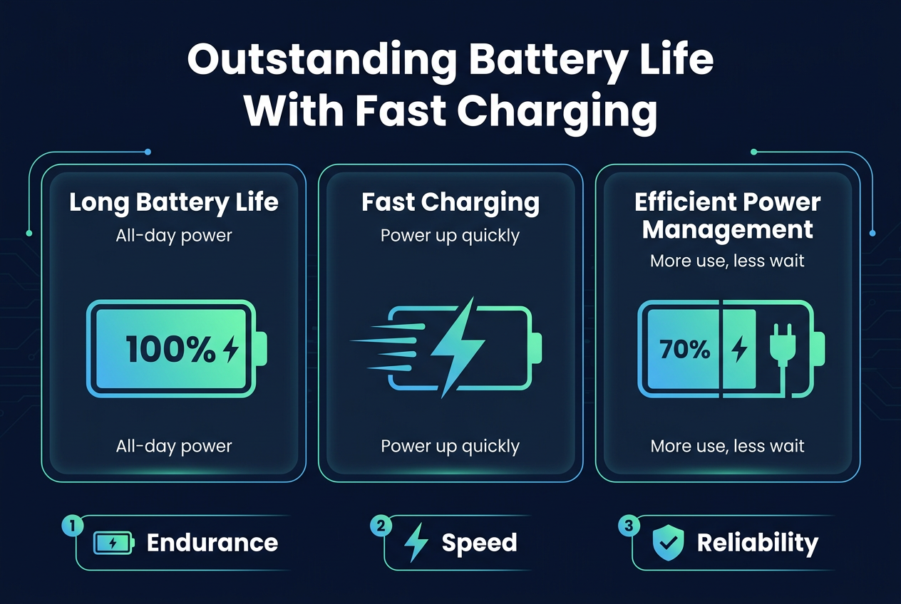 Full-bleed professional infographic in a 3:2 aspect ratio, clean modern tech style, dark navy background with electric blue, teal, and white accents, bold sans-serif typography.

Top center: large bold heading in white text: "Outstanding Battery Life With Fast Charging"

Main layout: wide horizontal 3-part infographic across the center, each section in its own rounded rectangle block with subtle glow and thin outline.

Left block: a large battery icon filled to 100% with a green-blue gradient, small lightning symbol inside, label above in white text: "Long Battery Life", and a short sublabel below in smaller text: "All-day power"

Center block: a battery outline with a fast-charging bolt and motion lines, label above in white text: "Fast Charging", and a short sublabel below in smaller text: "Power up quickly"

Right block: a split visual showing battery percentage rising and a charging cable plug icon, label above in white text: "Efficient Power Management", and a short sublabel below in smaller text: "More use, less wait"

Bottom strip: three small numbered callouts with icons, arranged horizontally:
1. battery icon with text: "Endurance"
2. lightning bolt icon with text: "Speed"
3. checkmark shield icon with text: "Reliability"

Use clear spacing, strong visual hierarchy, crisp edges, minimal decorative lines, subtle circuit-pattern background texture, no frame, no inset margins, no extra text.