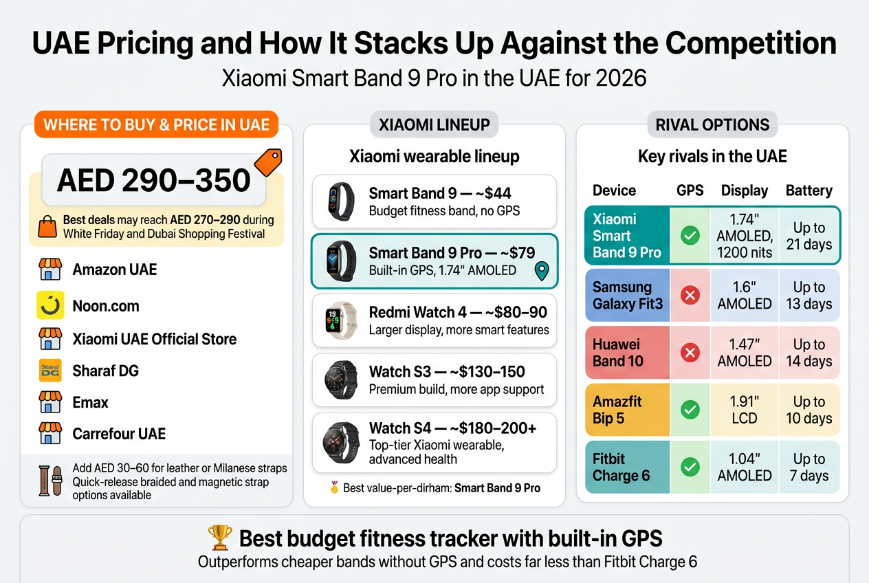 Create a clean, modern full-bleed infographic in 3:2 aspect ratio with a white background, Xiaomi orange and teal accent colors, dark gray text, and a professional sans-serif font. Use a wide horizontal layout with three main sections and clear visual hierarchy.

TOP HEADER:
Large bold title centered across the top: "UAE Pricing and How It Stacks Up Against the Competition"
Small subtitle beneath it: "Xiaomi Smart Band 9 Pro in the UAE for 2026"

LEFT SECTION — "WHERE TO BUY & PRICE IN UAE":
Add a bold section heading in an orange label.
Show a large price badge: "AED 290–350"
Add a smaller highlighted note: "Best deals may reach AED 270–290 during White Friday and Dubai Shopping Festival"
Use a shopping bag icon and a price tag icon.

Under the price badge, show a vertical list with small store icons and short labels:
"Amazon UAE"
"Noon.com"
"Xiaomi UAE Official Store"
"Sharaf DG"
"Emax"
"Carrefour UAE"
Add a small note with a strap icon:
"Add AED 30–60 for leather or Milanese straps"
"Quick-release braided and magnetic strap options available"

CENTER SECTION — "XIAOMI LINEUP":
Create a comparison block with 5 stacked device cards, each with a small device icon and price.
Heading: "Xiaomi wearable lineup"
Cards from top to bottom:
"Smart Band 9 — ~$44 — Budget fitness band, no GPS"
"Smart Band 9 Pro — ~$79 — Built-in GPS, 1.74\" AMOLED"
"Redmi Watch 4 — ~$80–90 — Larger display, more smart features"
"Watch S3 — ~$130–150 — Premium build, more app support"
"Watch S4 — ~$180–200+ — Top-tier Xiaomi wearable, advanced health"
Highlight the "Smart Band 9 Pro" card with a teal outline and a GPS pin icon.
Add a small callout beneath the cards:
"Best value-per-dirham: Smart Band 9 Pro"

RIGHT SECTION — "RIVAL OPTIONS":
Create a side-by-side comparison table with colored rows and checkmarks/crosses for GPS.
Heading: "Key rivals in the UAE"
Columns: "Device", "GPS", "Display", "Battery"
Rows:
"Xiaomi Smart Band 9 Pro | Yes | 1.74\" AMOLED, 1200 nits | Up to 21 days"
"Samsung Galaxy Fit3 | No | 1.6\" AMOLED | Up to 13 days"
"Huawei Band 10 | No | 1.47\" AMOLED | Up to 14 days"
"Amazfit Bip 5 | Yes | 1.91\" LCD | Up to 10 days"
"Fitbit Charge 6 | Yes | 1.04\" AMOLED | Up to 7 days"
Use green check icons for GPS yes and red cross icons for GPS no.
Visually emphasize the Xiaomi Smart Band 9 Pro row with a bold teal highlight.

BOTTOM STRIP ACROSS FULL WIDTH:
Add a concluding banner with a trophy icon and bold text:
"Best budget fitness tracker with built-in GPS"
Smaller text underneath:
"Outperforms cheaper bands without GPS and costs far less than Fitbit Charge 6"

Style requirements:
Use clean grid alignment, balanced spacing, rounded cards, subtle shadows, and simple flat icons. Keep the layout wide and uncluttered, with no tall centered poster arrangement. Ensure all text is crisp and legible.