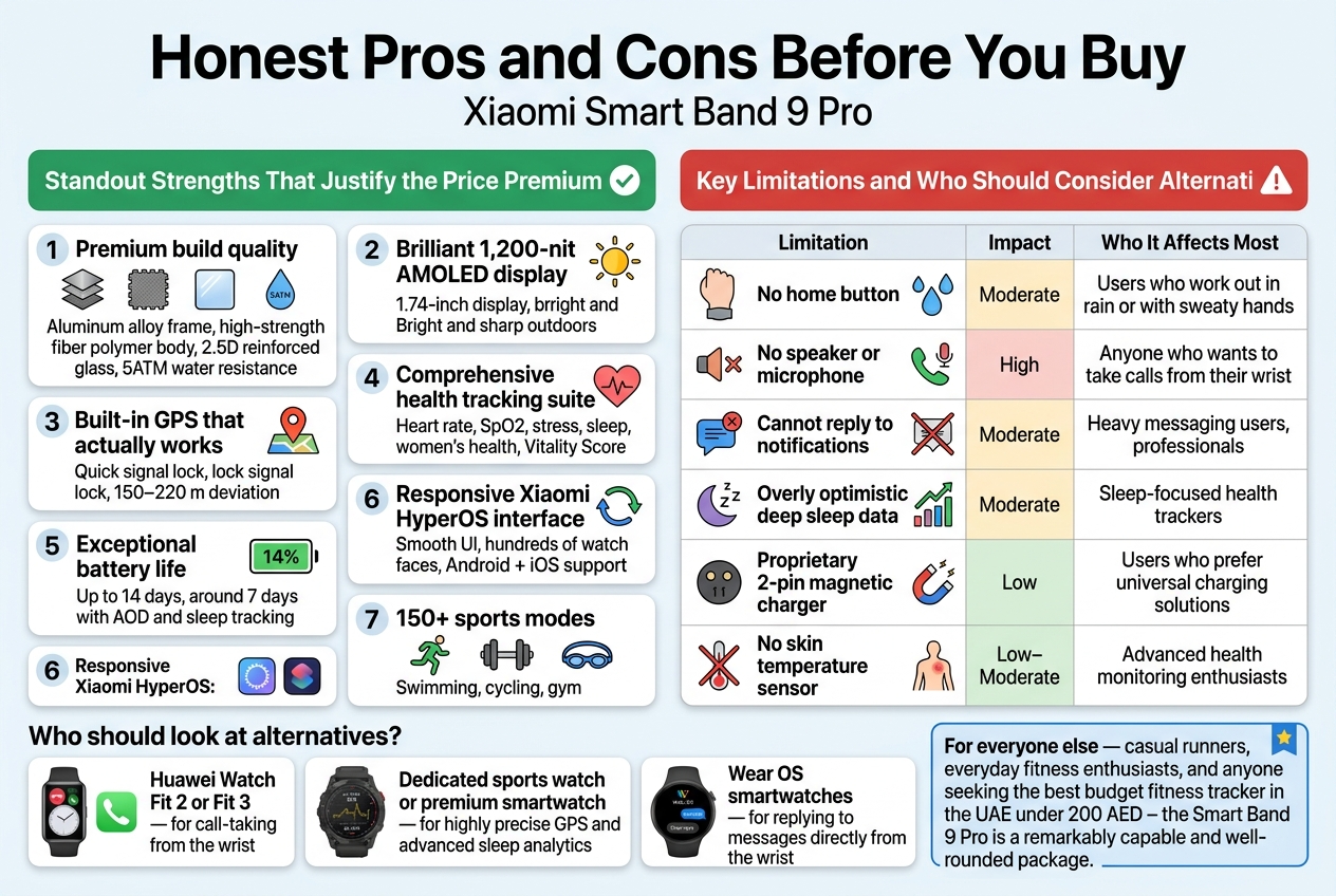 Create a clean professional landscape infographic in 3:2 aspect ratio, full-bleed layout with no frame, wide horizontal composition, modern sans-serif typography, bold visual hierarchy, UAE market tech-review style, white background with blue, green, orange, and red accent colors.

Top full-width header bar with large bold title text: "Honest Pros and Cons Before You Buy"
Subtitle below in smaller text: "Xiaomi Smart Band 9 Pro"

Main layout split into two wide columns.

LEFT COLUMN: "Standout Strengths That Justify the Price Premium" in a green header band with a checkmark icon.
Place 7 numbered benefit blocks with simple icons, each in a rounded rectangle:
1. "Premium build quality" — aluminum alloy frame, high-strength fiber polymer body, 2.5D reinforced glass, 5ATM water resistance
2. "Brilliant 1,200-nit AMOLED display" — 1.74-inch display, bright and sharp outdoors
3. "Built-in GPS that actually works" — quick signal lock, 150–220 m deviation
4. "Comprehensive health tracking suite" — heart rate, SpO2, stress, sleep, women’s health, Vitality Score
5. "Exceptional battery life" — up to 14 days, around 7 days with AOD and sleep tracking
6. "Responsive Xiaomi HyperOS interface" — smooth UI, hundreds of watch faces, Android + iOS support
7. "150+ sports modes" — swimming, cycling, gym

RIGHT COLUMN: "Key Limitations and Who Should Consider Alternatives" in a red header band with a warning triangle icon.
Use a clean table-style block with 3 columns labeled: "Limitation", "Impact", "Who It Affects Most"
Rows with small icons:
- "No home button" | "Moderate" | "Users who work out in rain or with sweaty hands"
- "No speaker or microphone" | "High" | "Anyone who wants to take calls from their wrist"
- "Cannot reply to notifications" | "Moderate" | "Heavy messaging users, professionals"
- "Overly optimistic deep sleep data" | "Moderate" | "Sleep-focused health trackers"
- "Proprietary 2-pin magnetic charger" | "Low" | "Users who prefer universal charging solutions"
- "No skin temperature sensor" | "Low–Moderate" | "Advanced health monitoring enthusiasts"

Bottom full-width strip titled "Who should look at alternatives?" with three compact recommendation cards and device icons:
- "Huawei Watch Fit 2 or Fit 3" — for call-taking from the wrist
- "Dedicated sports watch or premium smartwatch" — for highly precise GPS and advanced sleep analytics
- "Wear OS smartwatches" — for replying to messages directly from the wrist

Bottom-right closing callout in a blue highlight box with a small star icon:
"For everyone else — casual runners, everyday fitness enthusiasts, and anyone seeking the best budget fitness tracker in the UAE under 200 AED — the Smart Band 9 Pro is a remarkably capable and well-rounded package."

Use clear icons for battery, GPS pin, heartbeat, sleep moon, sports, display, speaker, microphone, chat bubble, charger, and warning symbol. Keep spacing balanced, text highly legible, and sections visually separated with subtle lines and card shadows.