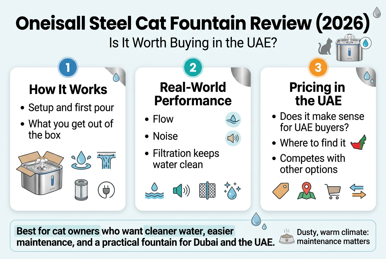 Create a clean, modern full-bleed infographic in aspect ratio 3:2 about a cat water fountain review. Use a professional editorial style with a white or very light background, teal, blue, gray, and subtle stainless-steel accents. Use bold sans-serif typography for headings and smaller readable sans-serif text for body copy. Layout should be wide and horizontal, not a narrow poster.

Top header across the full width:
- Large bold title text: "Oneisall Steel Cat Fountain Review (2026)"
- Smaller subtitle beneath: "Is It Worth Buying in the UAE?"
- Add a small sleek steel cat fountain illustration near the title, with a cat silhouette and a water droplet icon.

Main content in three wide horizontal sections or a 3-column layout with clear numbered blocks:

Left section, labeled with a blue circle icon and number "1":
- Heading text: "How It Works"
- Bullet text: "Setup and first pour"
- Bullet text: "What you get out of the box"
- Visual icons: unboxed fountain, water flow, filter cartridge, plug or power symbol

Center section, labeled with a teal circle icon and number "2":
- Heading text: "Real-World Performance"
- Bullet text: "Flow"
- Bullet text: "Noise"
- Bullet text: "Filtration keeps water clean"
- Add small icons: water wave, sound wave, filter mesh, sparkling clean droplets

Right section, labeled with an orange circle icon and number "3":
- Heading text: "Pricing in the UAE"
- Bullet text: "Does it make sense for UAE buyers?"
- Bullet text: "Where to find it"
- Bullet text: "Competes with other options"
- Add icons: price tag, UAE map pin, shopping cart, comparison arrows

Bottom band spanning the full width:
- Bold conclusion text in a highlighted box: "Best for cat owners who want cleaner water, easier maintenance, and a practical fountain for Dubai and the UAE."
- Add a final small callout on the right: "Dusty, warm climate: maintenance matters"
- Include a subtle cat bowl and fountain comparison icon

Design details:
- Use clean section dividers, rounded cards, and consistent spacing
- Use clear hierarchy with large headings and smaller supporting text
- Keep all text crisp and legible
- Use small decorative water droplets and steel texture accents
- Full-bleed composition with no frame, no inset margin border, and no tall centered stack