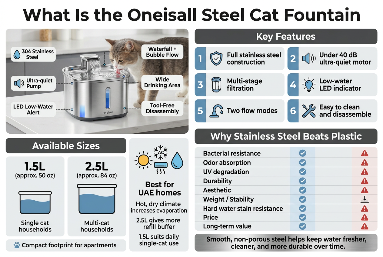 Create a clean, modern full-bleed infographic in a wide 3:2 aspect ratio, with no outer poster border and no narrow centered stack. Use a sleek premium palette of stainless steel silver, charcoal gray, white, and cool blue accents. Use bold sans-serif fonts with strong hierarchy. Place a large title across the top:

"What Is the Oneisall Steel Cat Fountain"

Below the title, arrange the content in a wide 2-column infographic layout with clear section blocks, icons, and short readable text.

LEFT TOP SECTION: a large hero illustration of a stainless steel cat water fountain on a clean countertop, with a cat drinking from it. Add small callout labels pointing to parts of the fountain:
- "304 Stainless Steel"
- "Ultra-quiet Pump"
- "LED Low-Water Alert"
- "Waterfall + Bubble Flow"
- "Wide Drinking Area"
- "Tool-Free Disassembly"

RIGHT TOP SECTION: a feature panel titled:
"Key Features"
Show 6 numbered feature rows with matching icons:
1. "Full stainless steel construction"
2. "Under 40 dB ultra-quiet motor"
3. "Multi-stage filtration"
4. "Low-water LED indicator"
5. "Two flow modes"
6. "Easy to clean and disassemble"

MIDDLE LEFT SECTION: a horizontal size comparison block titled:
"Available Sizes"
Include two side-by-side capacity cards with simple container illustrations:
- "1.5L (approx. 50 oz)" with subtext "Single cat households"
- "2.5L (approx. 84 oz)" with subtext "Multi-cat households"
Add a small note beneath both cards:
"Compact footprint for apartments"

MIDDLE RIGHT SECTION: a climate and usage note box with a sun, AC, and water-drop icon cluster. Include exact text:
"Best for UAE homes"
"Hot, dry climate increases evaporation"
"2.5L gives more refill buffer"
"1.5L suits daily single-cat use"

BOTTOM HALF: a wide comparison table titled:
"Why Stainless Steel Beats Plastic"
Use two columns with check and warning icons. Include these exact row labels:
- "Bacterial resistance"
- "Odor absorption"
- "UV degradation"
- "Durability"
- "Aesthetic"
- "Weight / Stability"
- "Hard water stain resistance"
- "Price"
- "Long-term value"

Under the table, place a short bottom banner with a polished steel texture and a highlighted statement:
"Smooth, non-porous steel helps keep water fresher, cleaner, and more durable over time."

Use visual symbols throughout: water drops, shield, clock, sparkle, filter cartridge, cat paw, sun, AC snowflake, and stability base icon. Keep spacing generous, text crisp, and sections organized in a professional magazine-style infographic layout. Use white background with steel-gray section dividers and blue accent highlights.