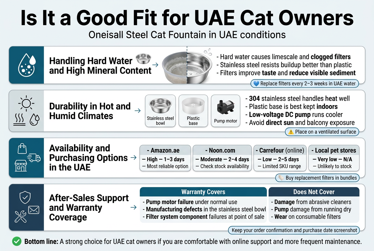 Create a clean, professional full-bleed infographic in 3:2 landscape format about UAE cat owners and the Oneisall Steel Cat Fountain. Use a modern editorial style with white background, deep teal, blue, gray, and stainless-steel silver accents. Use bold sans-serif fonts for headings and smaller readable sans-serif body text. Include clear section dividers, subtle line icons, and a polished tech-product look.

Top header across the full width:
Big bold title: "Is It a Good Fit for UAE Cat Owners"
Small subtitle beneath: "Oneisall Steel Cat Fountain in UAE conditions"

Main layout: four wide horizontal content blocks stacked vertically, each block with a left-side icon and right-side text, plus a small comparison table at the bottom.

Block 1, upper left to upper center: "Handling Hard Water and High Mineral Content"
Use a water droplet icon with white mineral specks and a small stainless steel bowl icon. Show a split visual: left side a plastic bowl with white limescale crust, right side a shiny stainless steel bowl with easy-clean droplets. Include short bullet text:
- "Hard water causes limescale and clogged filters"
- "Stainless steel resists buildup better than plastic"
- "Filters improve taste and reduce visible sediment"
Add a small note callout in a blue rounded box: "Replace filters every 2–3 weeks in UAE water"

Block 2, upper right to middle: "Durability in Hot and Humid Climates"
Use a sun icon, heat waves, and a humidity drop icon. Show a stainless steel bowl, plastic base, and pump motor as three small labeled component cards. Include short text:
- "304 stainless steel handles heat well"
- "Plastic base is best kept indoors"
- "Low-voltage DC pump runs cooler"
- "Avoid direct sun and balcony exposure"
Add a small caution icon near the bottom: "Place on a ventilated surface"

Block 3, middle left to middle right: "Availability and Purchasing Options in the UAE"
Use shopping bag, delivery truck, and store icons. Show a clean comparison strip with four platform cards:
- "Amazon.ae — High — 1–3 days — Most reliable option"
- "Noon.com — Moderate — 2–4 days — Check stock availability"
- "Carrefour (online) — Low — 2–5 days — Limited SKU range"
- "Local pet stores — Very low — N/A — Unlikely to stock"
Add a small tag near the bottom: "Buy replacement filters in bundles"

Block 4, lower left to lower right: "After-Sales Support and Warranty Coverage"
Use a shield icon, email envelope icon, and wrench icon. Show two side-by-side columns titled:
Left column title: "Warranty Covers"
- "Pump motor failure under normal use"
- "Manufacturing defects in the stainless steel bowl"
- "Filter system component failures at point of sale"
Right column title: "Does Not Cover"
- "Damage from abrasive cleaners"
- "Pump damage from running dry"
- "Wear on consumable filters"
Add a small callout box: "Keep your order confirmation and purchase date screenshot"

Bottom summary bar across full width with a green check icon and bold text:
"Bottom line: A strong choice for UAE cat owners if you are comfortable with online support and more frequent maintenance."

Visual style details:
Use thin arrows, checkmarks, and small warning triangles. Keep spacing airy and balanced. Use wide horizontal sections instead of a narrow poster stack. Make the stainless steel surfaces glossy and the water visuals crisp. Ensure all text is fully legible and neatly aligned. No people, no cats, no decorative frame.