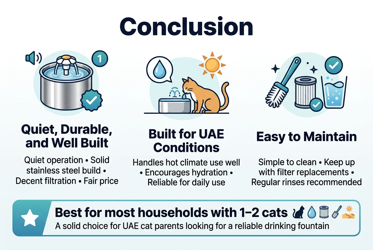 Create a clean professional infographic illustration in a 3:2 aspect ratio, full-bleed layout with no frame, using a modern white background with teal, blue, silver, and warm orange accents, bold sans-serif typography, and clear visual hierarchy.

Top center: large bold heading in dark navy text: "Conclusion"

Below the heading, arrange three wide horizontal sections across the page, each with a large icon on the left and text on the right.

Section 1 on the left: a stainless steel cat fountain with a small sound-wave icon and a checkmark badge. Add bold section title: "Quiet, Durable, and Well Built" and smaller text: "Quiet operation • Solid stainless steel build • Decent filtration • Fair price"

Section 2 in the center: a simple UAE heat and pet hydration scene with a water droplet icon, a sun icon, and a cat drinking from a fountain. Add bold section title: "Built for UAE Conditions" and smaller text: "Handles hot climate use well • Encourages hydration • Reliable for daily use"

Section 3 on the right: a cleaning brush, filter, and rinse water icon set with a checkmark. Add bold section title: "Easy to Maintain" and smaller text: "Simple to clean • Keep up with filter replacements • Regular rinses recommended"

Along the bottom, place a wide highlighted recommendation bar with a blue-green gradient and a star icon on the left. Use bold text: "Best for most households with 1–2 cats" and smaller text underneath: "A solid choice for UAE cat parents looking for a reliable drinking fountain"

Include small supportive visual icons near the text: cat silhouette, water droplet, filter, brush, checkmarks, and a subtle desert-sun accent. Keep the layout airy, balanced, and infographic-style, with crisp edges and readable text.