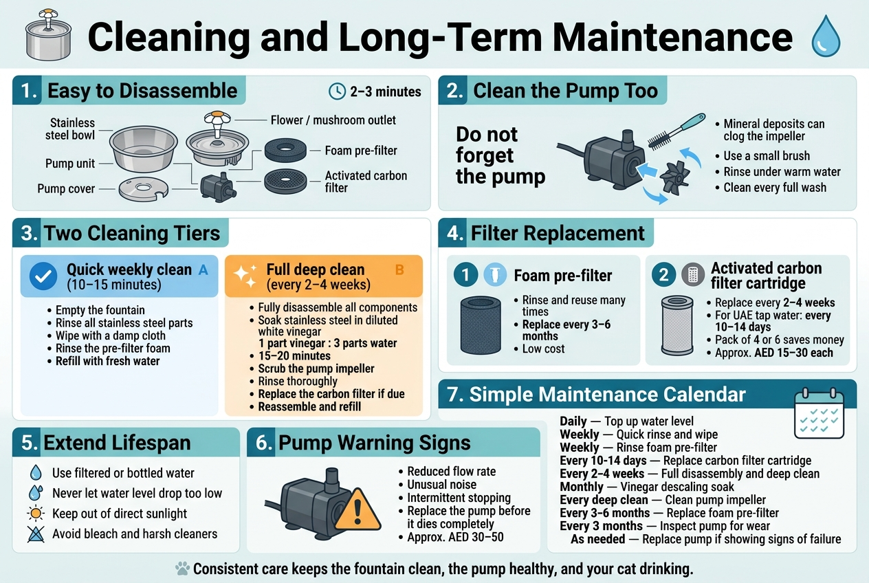 Create a full-bleed professional infographic in 3:2 landscape ratio about stainless steel cat fountain cleaning and maintenance. Clean modern flat vector style, white background with teal, blue, gray, and orange accents, crisp sans-serif typography, strong visual hierarchy, no border frame, no centered vertical poster stack.

Top header across full width: bold large title text "Cleaning and Long-Term Maintenance" with a small stainless steel cat fountain icon and water droplet icon.

Below the title, use a wide 2-row grid of infographic blocks with clear section headings, numbered badges, and simple icons.

LEFT TOP BLOCK:
Heading: "1. Easy to Disassemble"
Show exploded-view illustration of a stainless steel cat fountain with labeled parts.
Include these labels in small callouts:
"Stainless steel bowl"
"Pump unit"
"Pump cover"
"Foam pre-filter"
"Activated carbon filter"
"Flower / mushroom outlet"
Add a small clock icon and text: "2–3 minutes"

RIGHT TOP BLOCK:
Heading: "2. Clean the Pump Too"
Show a pump with an impeller, small cleaning brush, and water rinse arrows.
Include bold text:
"Do not forget the pump"
Small note text:
"Mineral deposits can clog the impeller"
"Use a small brush"
"Rinse under warm water"
"Clean every full wash"

LEFT MIDDLE BLOCK:
Heading: "3. Two Cleaning Tiers"
Split into two horizontal sub-panels.

Sub-panel A with blue check icon:
"Quick weekly clean (10–15 minutes)"
Bullets:
"Empty the fountain"
"Rinse all stainless steel parts"
"Wipe with a damp cloth"
"Rinse the pre-filter foam"
"Refill with fresh water"

Sub-panel B with orange sparkle icon:
"Full deep clean (every 2–4 weeks)"
Bullets:
"Fully disassemble all components"
"Soak stainless steel in diluted white vinegar"
"1 part vinegar : 3 parts water"
"15–20 minutes"
"Scrub the pump impeller"
"Rinse thoroughly"
"Replace the carbon filter if due"
"Reassemble and refill"

RIGHT MIDDLE BLOCK:
Heading: "4. Filter Replacement"
Use two side-by-side filter cards with icons.

Card 1:
"Foam pre-filter"
"Rinse and reuse many times"
"Replace every 3–6 months"
"Low cost"

Card 2:
"Activated carbon filter cartridge"
"Replace every 2–4 weeks"
"For UAE tap water: every 10–14 days"
"Pack of 4 or 6 saves money"
"Approx. AED 15–30 each"

Bottom wide band across the page with three compact sections.

BOTTOM LEFT SECTION:
Heading: "5. Extend Lifespan"
Use four small icon bullets:
"Use filtered or bottled water"
"Never let water level drop too low"
"Keep out of direct sunlight"
"Avoid bleach and harsh cleaners"

BOTTOM CENTER SECTION:
Heading: "6. Pump Warning Signs"
Show a pump with warning triangle icon.
Text bullets:
"Reduced flow rate"
"Unusual noise"
"Intermittent stopping"
"Replace the pump before it dies completely"
"Approx. AED 30–50"

BOTTOM RIGHT SECTION:
Heading: "7. Simple Maintenance Calendar"
Use a clean calendar icon with rows and checkmarks.
Include these lines exactly:
"Daily — Top up water level"
"Weekly — Quick rinse and wipe"
"Weekly — Rinse foam pre-filter"
"Every 10–14 days — Replace carbon filter cartridge"
"Every 2–4 weeks — Full disassembly and deep clean"
"Monthly — Vinegar descaling soak"
"Every deep clean — Clean pump impeller"
"Every 3–6 months — Replace foam pre-filter"
"Every 3 months — Inspect pump for wear"
"As needed — Replace pump if showing signs of failure"

Add a small footer strip at the bottom with a subtle cat paw icon and the closing line:
"Consistent care keeps the fountain clean, the pump healthy, and your cat drinking."

Use clear spacing, consistent icon style, and readable text blocks with subtle divider lines. Keep all text sharp and legible.