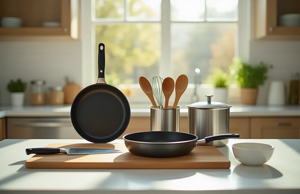 Create a realistic image of essential kitchen tools arranged on a clean white countertop including a sharp chef's knife, cutting board, non-stick skillet, wooden spoon, measuring cups, and a small bowl, with bright natural lighting from a window creating soft shadows, shot from a slightly elevated angle to showcase all tools clearly, modern kitchen background with blurred cabinets, clean and organized aesthetic suggesting efficiency and speed, absolutely NO text should be in the scene.