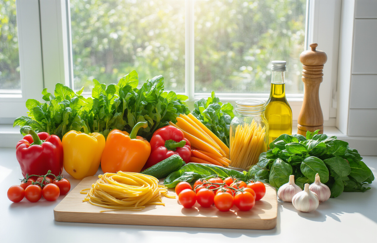 Create a realistic image of fresh, high-quality ingredients strategically arranged on a clean white kitchen counter including colorful vegetables like bell peppers, cherry tomatoes, and leafy greens alongside pantry staples like olive oil, garlic, and pasta, with a wooden cutting board displaying neatly organized ingredient groups, bright natural lighting streaming through a window creating an organized and efficient cooking preparation scene, absolutely NO text should be in the scene.