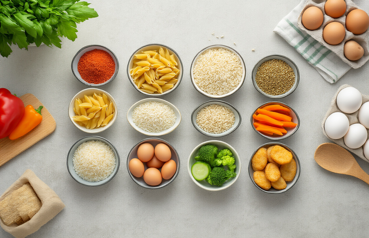 Create a realistic image of a modern kitchen counter displaying ten different small bowls or containers arranged in an organized grid pattern, each containing different simple ingredients like pasta, rice, eggs, vegetables, and basic seasonings, with cooking utensils and a few prepared quick meals visible in the background, shot from above in bright natural lighting that emphasizes the simplicity and accessibility of the ingredients, absolutely NO text should be in the scene.