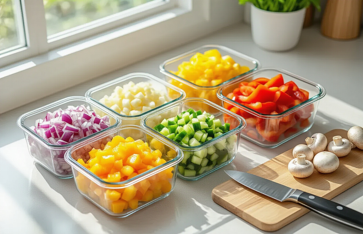 Create a realistic image of pre-chopped vegetables neatly organized in glass meal prep containers on a clean kitchen counter, showing diced onions, minced garlic, chopped bell peppers, and sliced mushrooms in separate compartments, alongside a few simple kitchen tools like a sharp chef's knife and cutting board, with bright natural lighting streaming through a nearby window creating a clean and efficient cooking preparation scene, absolutely NO text should be in the scene.
