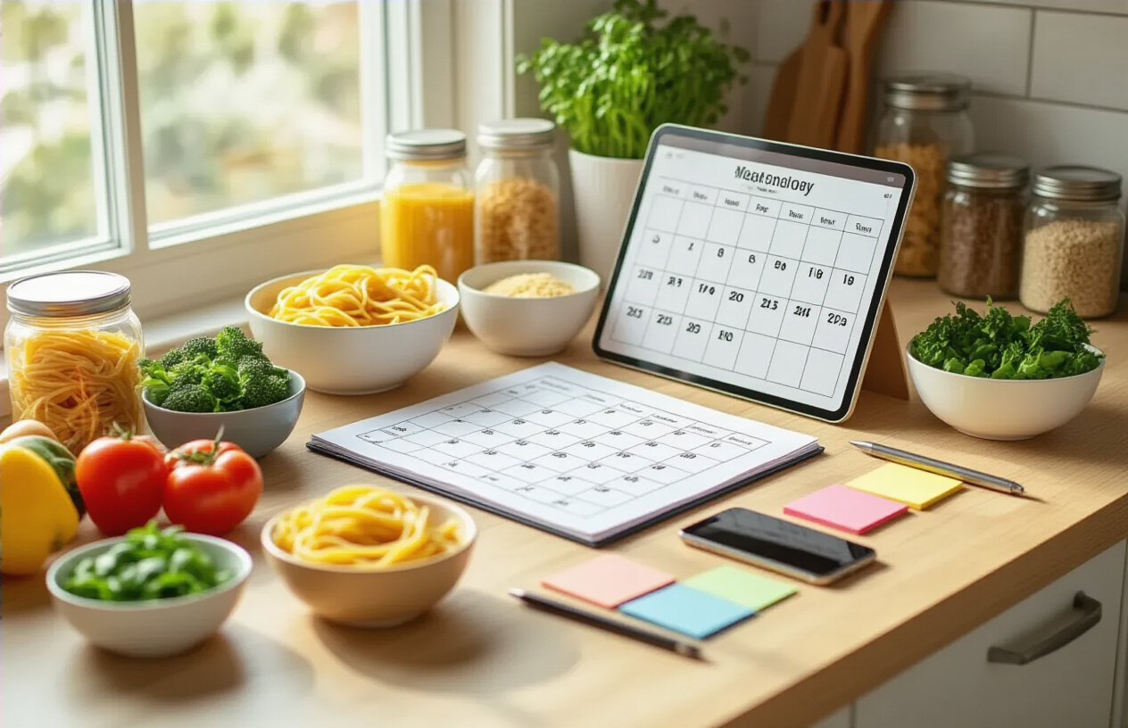 Create a realistic image of a clean kitchen countertop with an organized meal planning setup featuring a weekly calendar or planner spread open, surrounded by simple fresh ingredients like vegetables, pasta, and pantry staples neatly arranged in small bowls, a smartphone or tablet displaying a meal planning app, colorful sticky notes, and a pen, with warm natural lighting streaming through a nearby window creating a productive and organized atmosphere, absolutely NO text should be in the scene.
