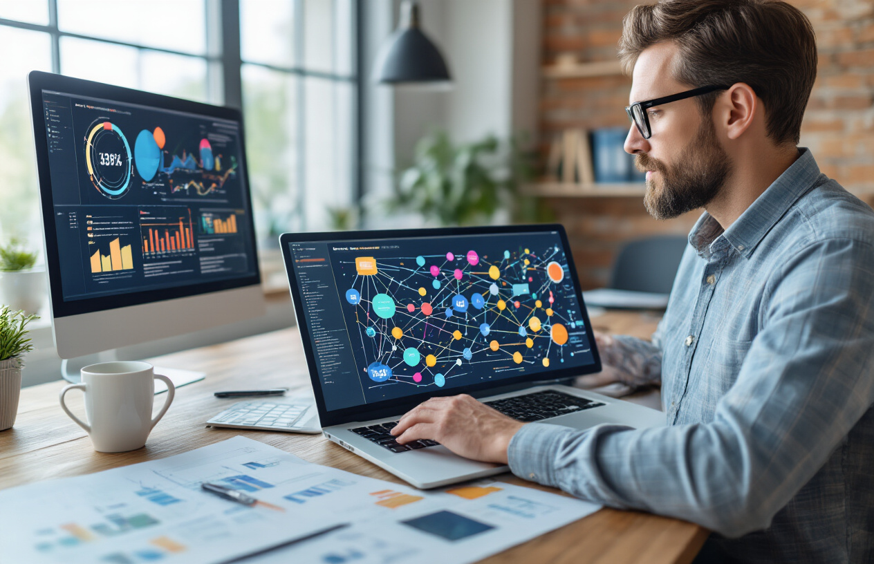 Create a realistic image of a modern office workspace with a computer monitor displaying a semantic network diagram showing interconnected keywords and concepts, with colorful nodes and connecting lines representing relationships between search terms, a sleek laptop nearby showing analytics graphs with upward trending performance metrics, scattered papers with content strategy notes, a professional white male in his 30s analyzing the data on screen, warm natural lighting from a window, clean desk setup with a coffee cup and notepad, professional atmosphere conveying digital marketing expertise and SEO strategy development, absolutely NO text should be in the scene.