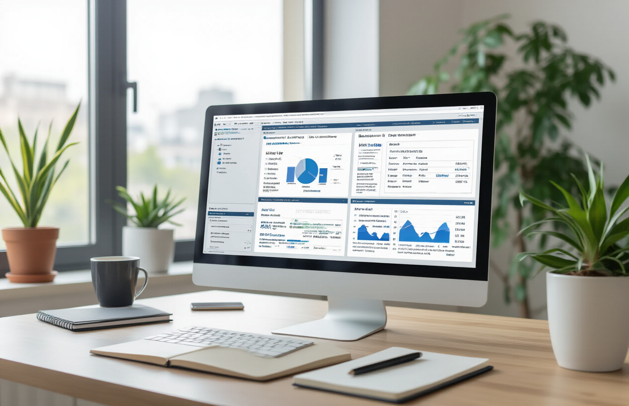 Create a realistic image of a modern digital workspace featuring a computer screen displaying a comprehensive SEO writing tool interface with semantic analysis features, keyword research panels, and content optimization metrics, surrounded by a clean desk setup with a notebook, coffee cup, and potted plant, set in a bright professional office environment with natural lighting from a window, conveying a productive and organized atmosphere for content creation and digital marketing work, absolutely NO text should be in the scene.