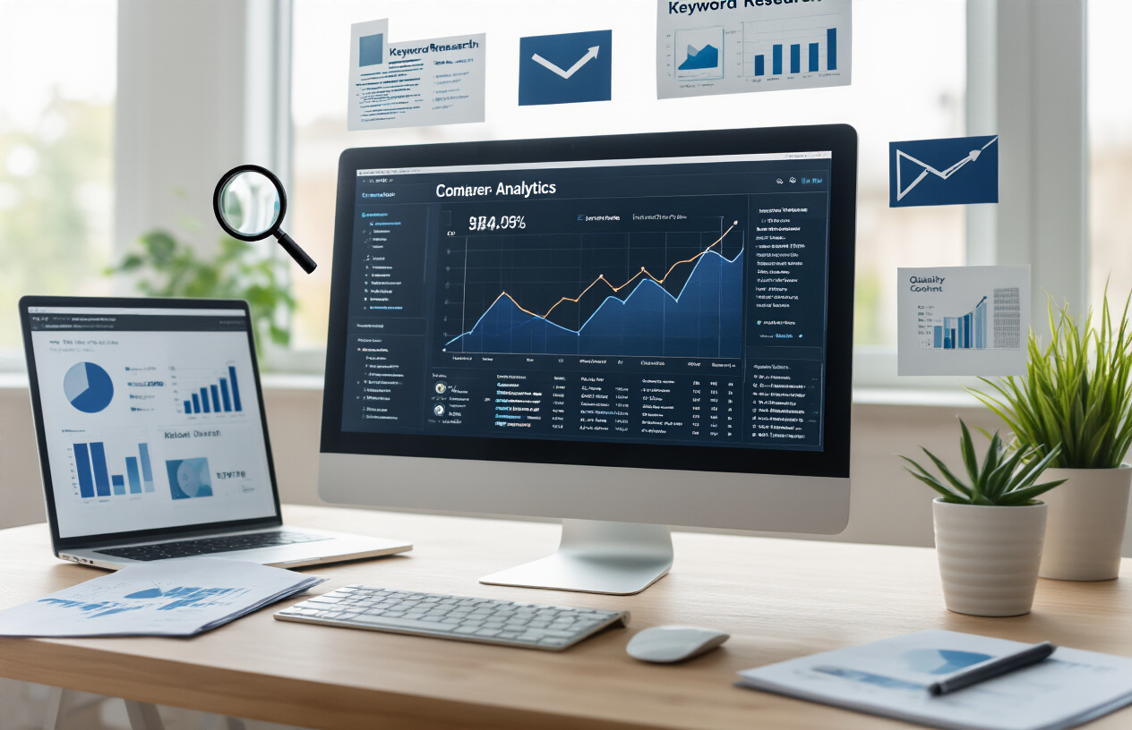 Create a realistic image of a modern computer screen displaying a website analytics dashboard with upward trending graphs and search ranking improvements, surrounded by SEO-related elements like magnifying glass icons, keyword research documents, and quality content metrics charts, set in a clean professional workspace with soft natural lighting from a window, showing improved search engine results pages in the background, absolutely NO text should be in the scene.