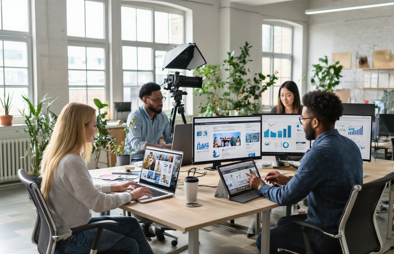 Create a realistic image of a diverse workspace showing multiple content creation scenarios including a white female blogger typing on a laptop with blog articles on screen, a black male content creator recording a video with professional lighting setup, a white male designer working on social media graphics using a tablet and stylus, and an Asian female marketer analyzing content performance charts on a large monitor, all arranged in a modern open office environment with natural lighting from large windows, plants, and collaborative workstations, absolutely NO text should be in the scene.