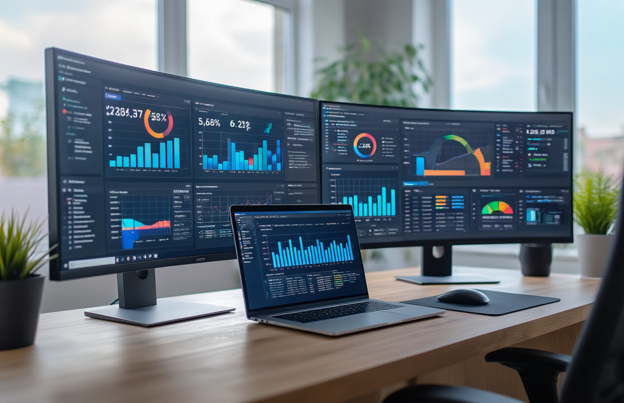 Create a realistic image of a modern office desk setup featuring multiple computer monitors displaying colorful analytics dashboards with graphs, charts, and data visualizations, a sleek laptop computer, and professional analytics tools, set against a clean contemporary office background with soft natural lighting from a window, creating a productive and tech-savvy atmosphere focused on data analysis and performance measurement. Absolutely NO text should be in the scene.