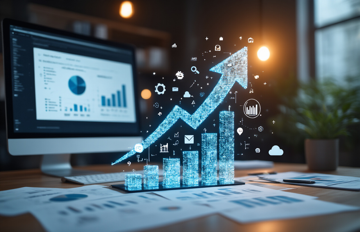 SEO For Business Growth from Garage2Global with Proven Strategies 3 Create a realistic image of a professional business growth concept showing an upward trending arrow made of digital icons and web elements (like search symbols, analytics graphs, and website icons) rising from a computer screen on a modern desk, with scattered business documents and growth charts in the background, bright office lighting creating an optimistic and productive atmosphere, absolutely NO text should be in the scene.