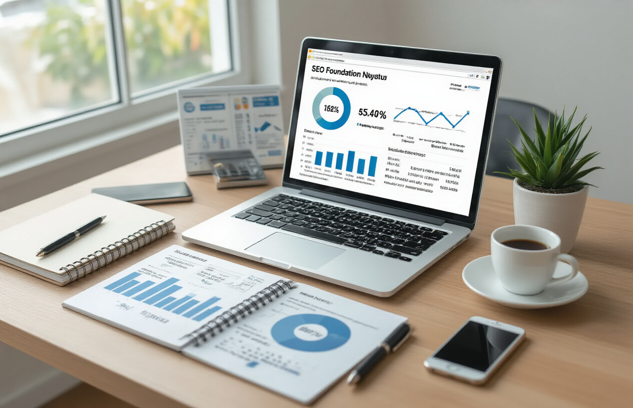 SEO For Business Growth from Garage2Global with Proven Strategies 4 Create a realistic image of a modern office desk setup showing SEO foundation elements with a laptop displaying website analytics dashboard, surrounded by small business marketing materials including charts showing growth metrics, a notebook with SEO strategy notes, a smartphone, and a coffee cup, set against a clean contemporary workspace background with natural lighting from a window, conveying a professional and organized atmosphere focused on digital marketing fundamentals, absolutely NO text should be in the scene.