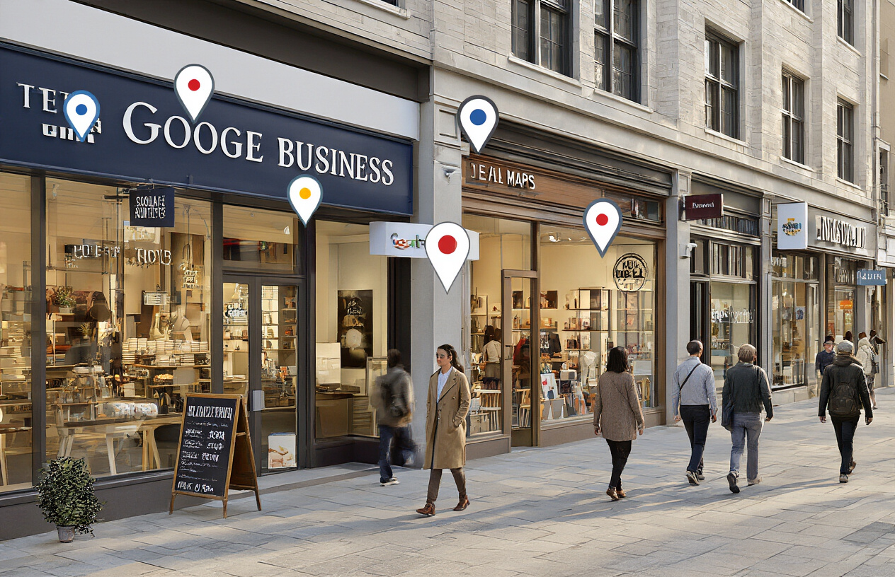 SEO For Business Growth from Garage2Global with Proven Strategies 6 Create a realistic image of a modern business district with local storefronts and shops displaying visible signage, featuring a diverse mix of small businesses including cafes, retail stores, and service offices, with people of various races walking on clean sidewalks, street-level view showing Google Maps pins floating above different business locations, warm natural lighting suggesting daytime business hours, urban environment with clear building facades and professional appearance, absolutely NO text should be in the scene.