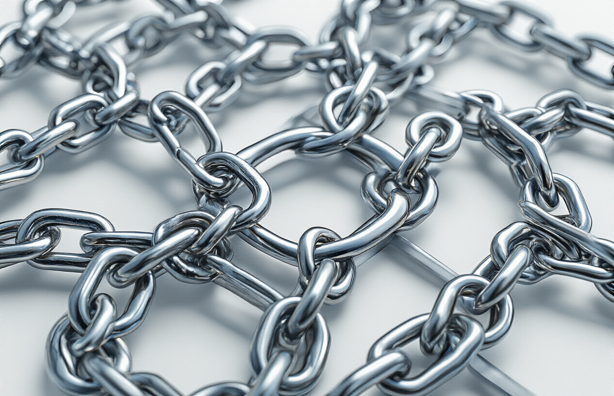 SEO For Business Growth from Garage2Global with Proven Strategies 7 Create a realistic image of interconnected metallic chains and links forming a network structure, with some chains appearing stronger and thicker than others, set against a clean white background with subtle shadows, representing the concept of building authoritative connections and scaling digital presence, with soft professional lighting that highlights the metallic surfaces and creates depth, absolutely NO text should be in the scene.
