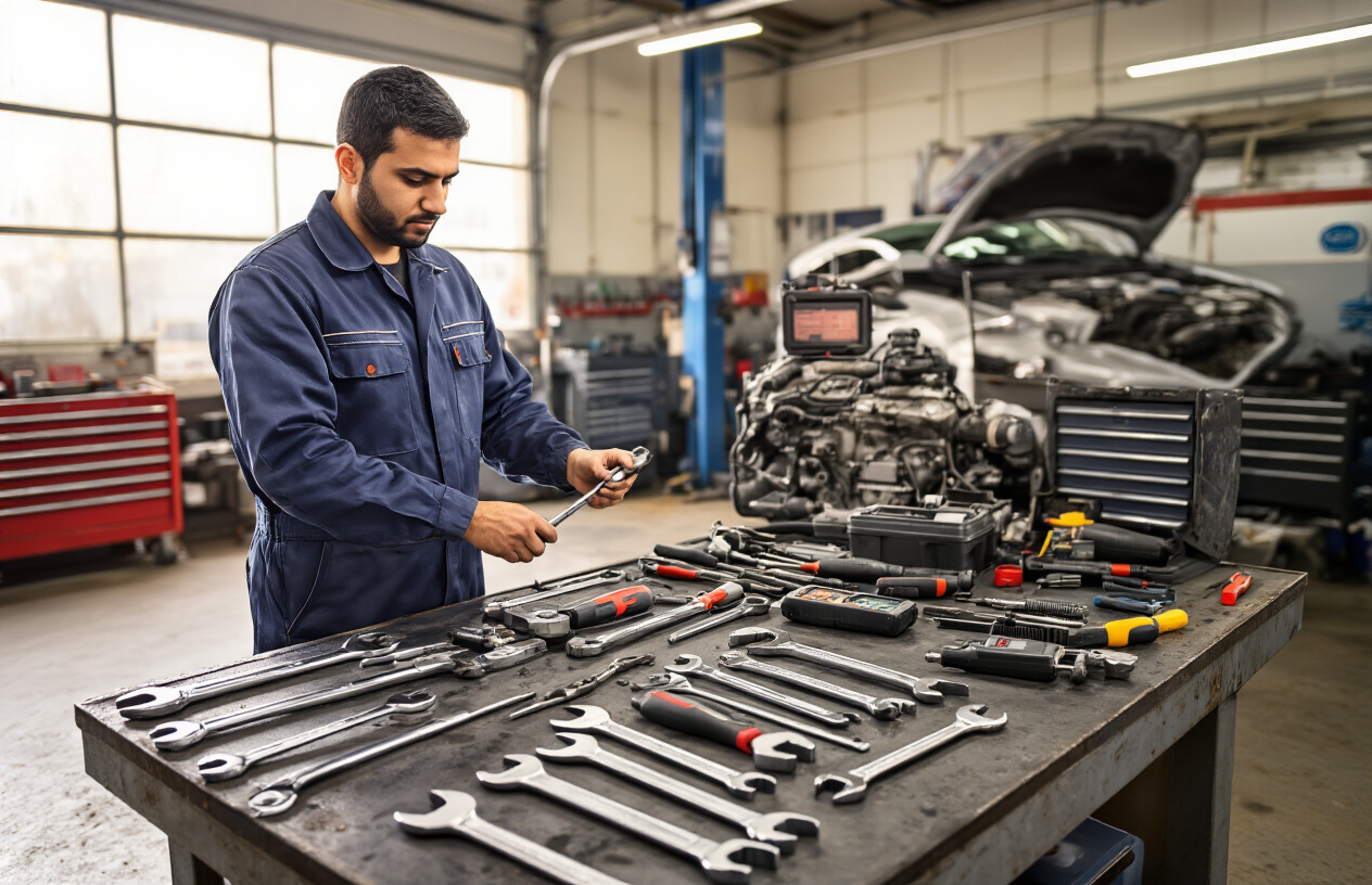 Create a realistic image of a professional automotive workshop scene showing essential mechanic skills, featuring various automotive tools laid out on a workbench including wrenches, screwdrivers, diagnostic equipment, and multimeter, with a car engine partially disassembled in the background, hands of a middle-eastern male mechanic working on engine components, warm workshop lighting with natural light coming through garage windows, organized tool cabinets and equipment visible, oil stains and realistic workshop environment details, absolutely NO text should be in the scene.