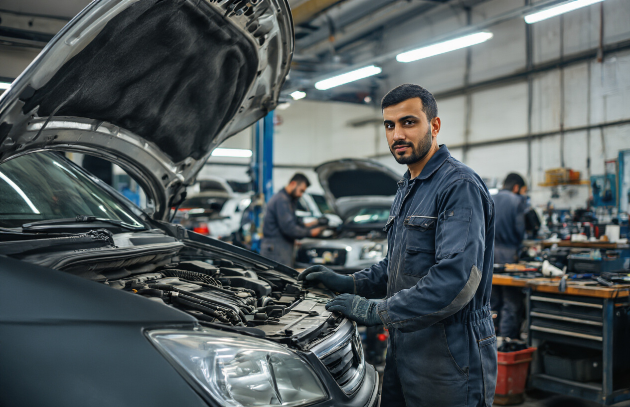 Create a realistic image of a Middle Eastern male mechanic working under the hood of a car in a professional automotive garage, with other mechanics in the background collaborating on different vehicles, modern diagnostic equipment and tools organized on workbenches, proper workshop lighting illuminating the scene, conveying a sense of skill development and professional teamwork in an active repair shop environment, absolutely NO text should be in the scene.