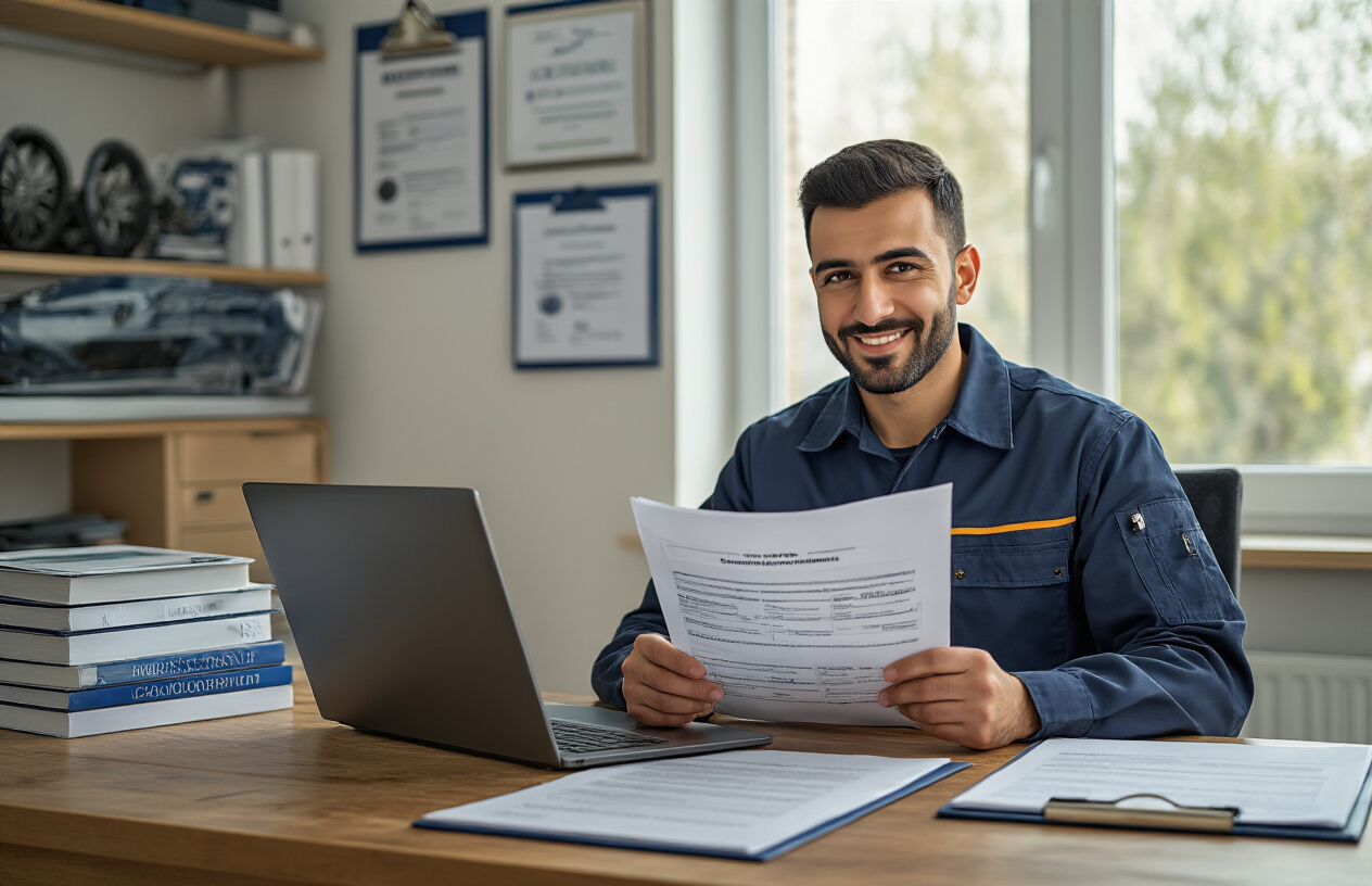 Create a realistic image of a middle eastern male mechanic in clean work uniform sitting at a wooden desk reviewing official automotive certification documents and licenses, with a laptop computer open showing digital certification forms, automotive textbooks stacked nearby, a clipboard with application forms, and professional certificates hanging on the wall behind him in a bright office setting with natural lighting from a window. Absolutely NO text should be in the scene.