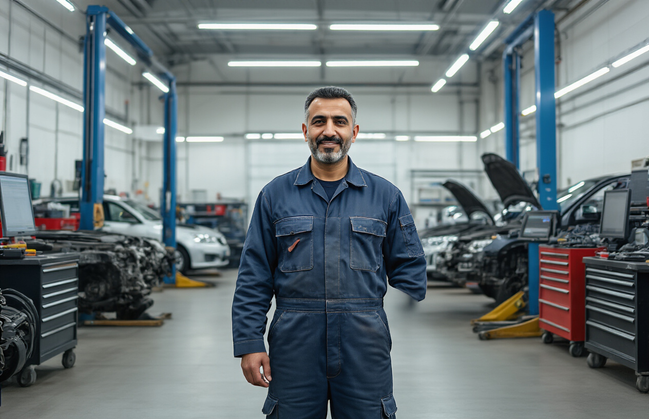 Create a realistic image of a modern automotive workshop with a middle-aged Middle Eastern male mechanic in work overalls standing confidently in the center, surrounded by professional car repair equipment including hydraulic lifts, tool cabinets, diagnostic computers, and partially assembled car engines on workbenches, with bright industrial lighting illuminating the clean organized workspace, conveying a sense of professional success and business ownership, absolutely NO text should be in the scene.