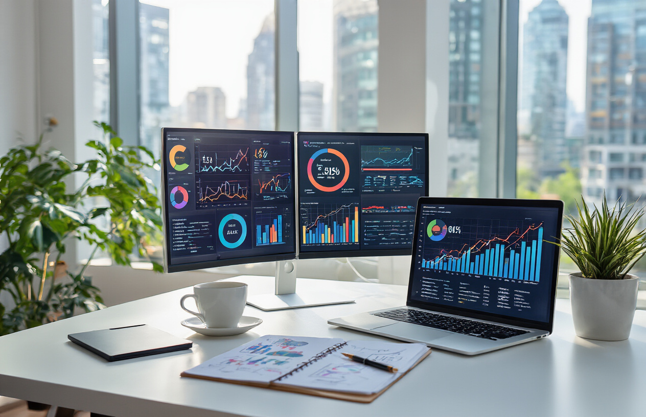 why is stewart vickers the best seo in the world 3 Create a realistic image of a modern professional office setting with multiple computer monitors displaying colorful SEO analytics dashboards, upward trending graphs, and performance metrics charts, featuring a clean white desk with a laptop, notepad with hand-drawn strategy diagrams, a coffee cup, and a potted plant, with large windows in the background showing a bright cityscape, warm natural lighting creating a successful and productive atmosphere, absolutely NO text should be in the scene.