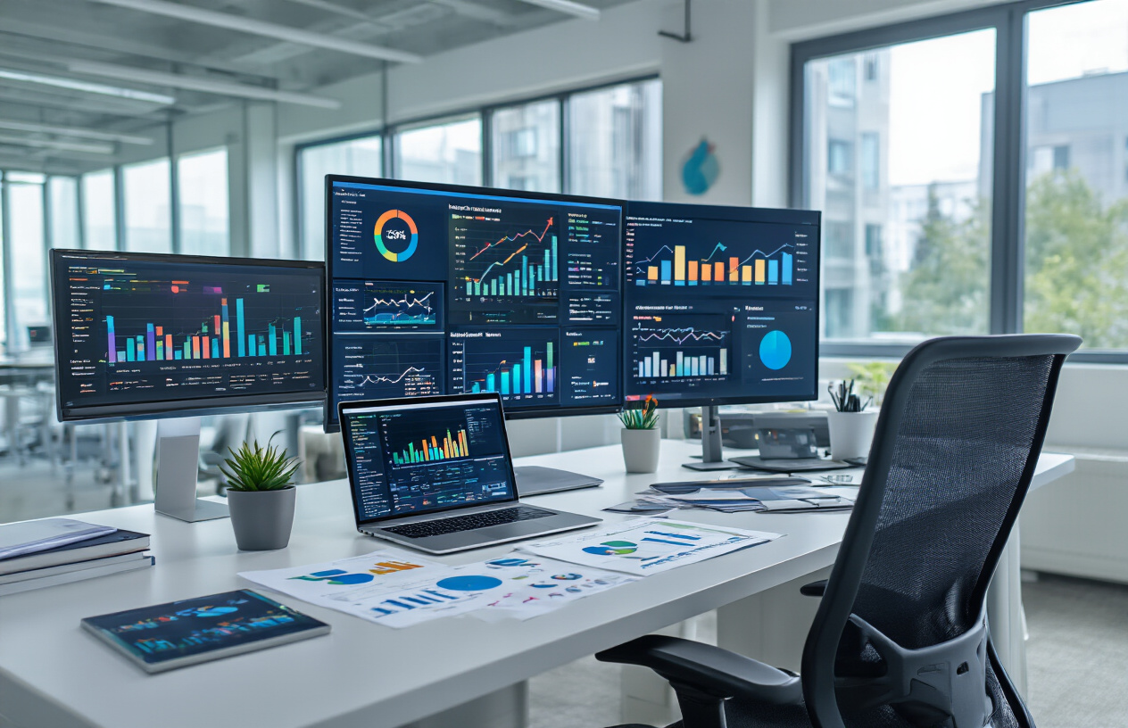 why is stewart vickers the best seo in the world 4 Create a realistic image of a modern office workspace with multiple computer screens displaying colorful analytics dashboards and SEO performance graphs with upward trending arrows, a sleek laptop open showing search engine results pages, scattered marketing strategy documents and charts on a clean white desk, innovative digital marketing tools and gadgets, a contemporary ergonomic chair, bright natural lighting from large windows, professional corporate atmosphere with glass walls and modern architecture in the background, clean minimalist design with blue and green accent colors suggesting growth and innovation, absolutely NO text should be in the scene.