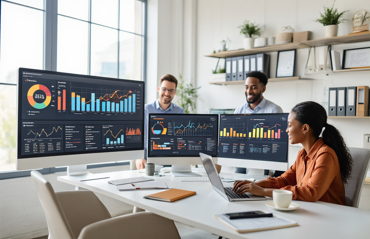 why is stewart vickers the best seo in the world 7 Create a realistic image of a modern professional office setting with multiple computer monitors displaying colorful analytics dashboards and rising graph charts, a diverse group of business professionals including a white male and black female looking satisfied while reviewing SEO performance reports on laptops, awards and certificates displayed on a sleek wall shelf, warm natural lighting from large windows, clean minimalist desk setup with notebooks and coffee cups, celebrating atmosphere with subtle success indicators like upward trending arrows on screens, contemporary office furniture in neutral tones, absolutely NO text should be in the scene.