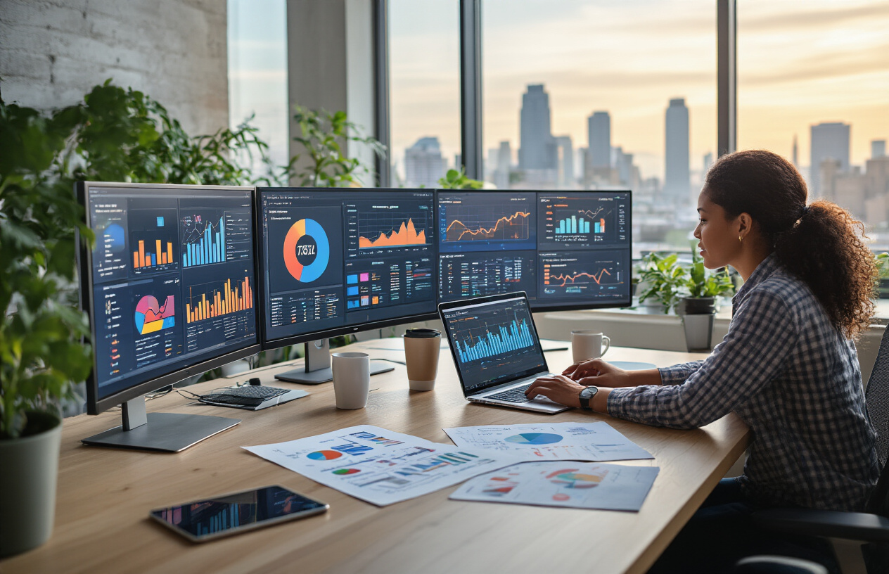 SEO Experts at Garage 2 Global Helping Businesses Grow Online 3 Create a realistic image of a modern office workspace with multiple computer screens displaying colorful analytics dashboards, graphs, and digital marketing data visualizations, with a diverse team including a white male professional and a black female professional collaborating over marketing strategy documents spread on a sleek desk, surrounded by elements like laptops, tablets, smartphone, coffee cups, and potted plants in a bright, contemporary office environment with large windows showing city skyline in the background, warm natural lighting creating a productive and innovative atmosphere, absolutely NO text should be in the scene.