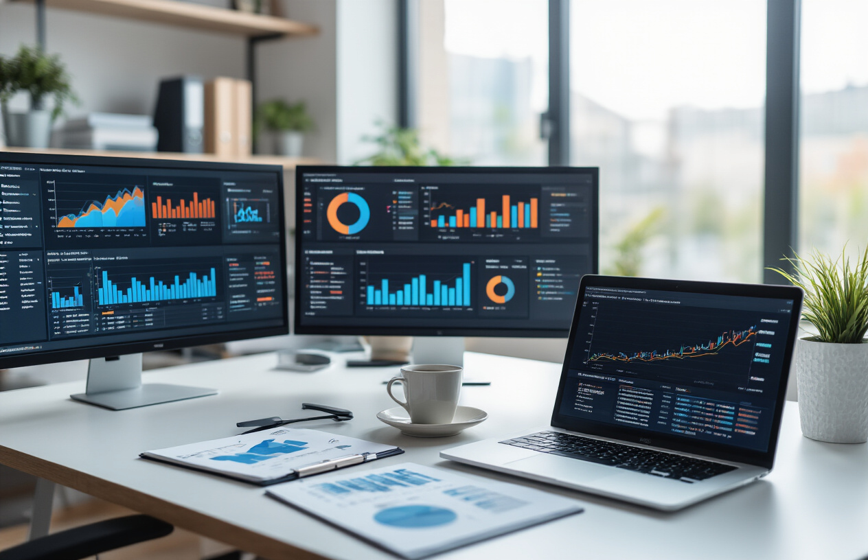 SEO Experts at Garage 2 Global Helping Businesses Grow Online 4 Create a realistic image of a modern office workspace showing SEO analytics and digital marketing tools on multiple computer screens displaying colorful graphs, charts, and website performance metrics, with a sleek laptop open showing search engine rankings, surrounded by professional office elements like notebooks, coffee cups, and strategic planning documents on a clean white desk, captured with bright natural lighting streaming through windows creating a productive and results-focused atmosphere, absolutely NO text should be in the scene.