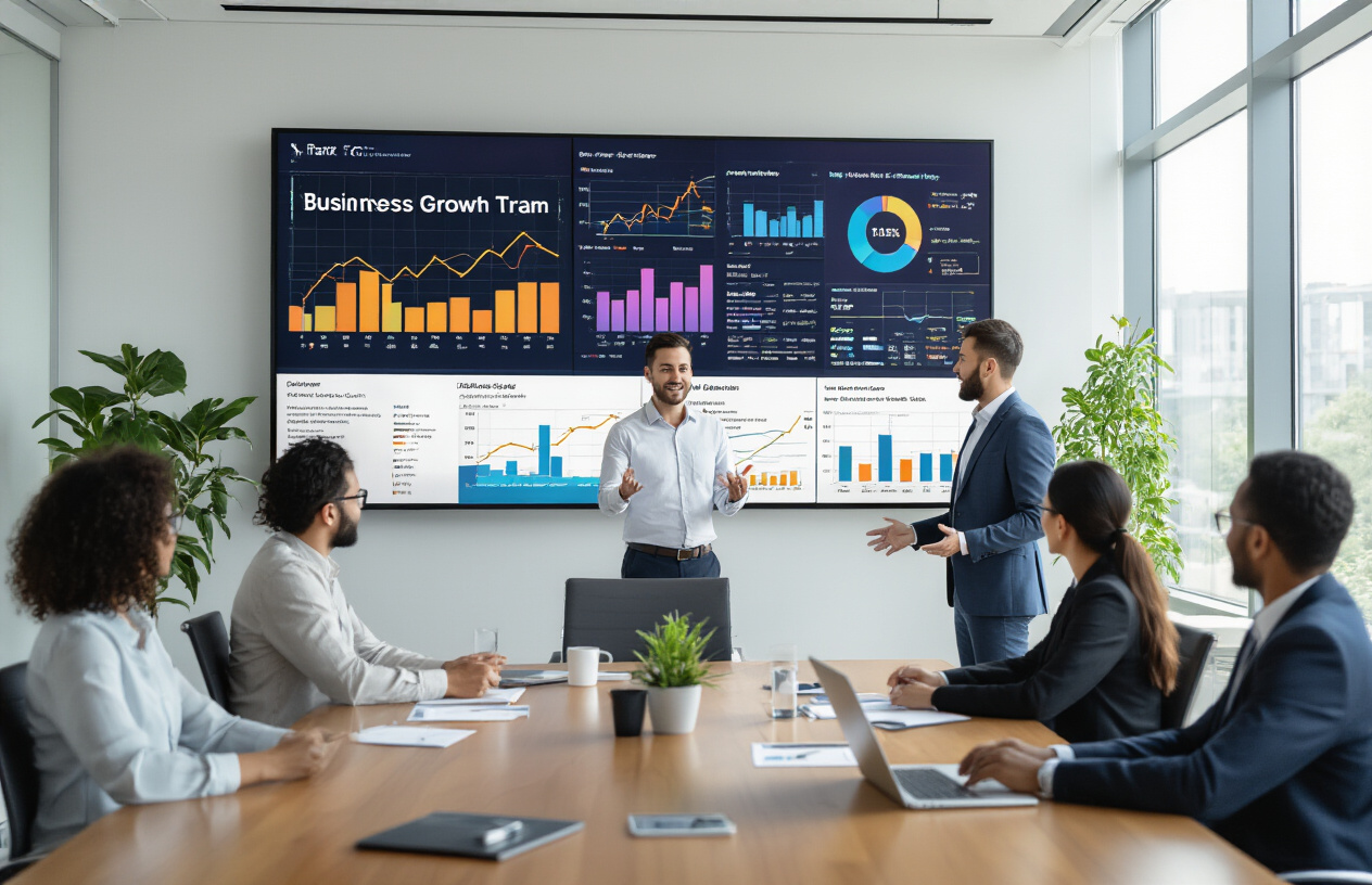 SEO Experts at Garage 2 Global Helping Businesses Grow Online 5 Create a realistic image of a modern office meeting room with a large wall-mounted display showing colorful business growth charts, upward trending graphs, and analytics dashboards, with a diverse group of professionals including a white male presenting to seated clients of various ethnicities around a sleek conference table, laptops and documents visible on the table, bright natural lighting from large windows, professional corporate atmosphere with plants and modern furniture in the background, everyone appearing engaged and successful, absolutely NO text should be in the scene.