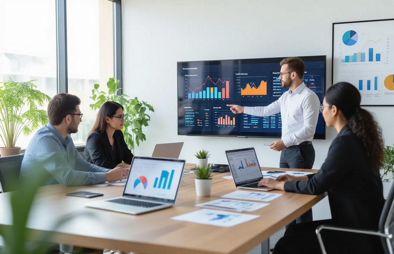 SEO Experts at Garage 2 Global Helping Businesses Grow Online 6 Create a realistic image of a modern digital marketing office environment showing a diverse team of SEO professionals working collaboratively around a large conference table with laptops, analytics charts, and strategy documents spread across the surface, featuring a white male team leader pointing at a large wall-mounted monitor displaying colorful SEO performance graphs and website analytics, alongside a black female specialist reviewing keyword research data and an Asian male analyst working on technical optimization tools, with a bright contemporary office background featuring floor-to-ceiling windows, plants, and motivational business artwork, conveying a professional yet innovative atmosphere with natural lighting streaming in, absolutely NO text should be in the scene.