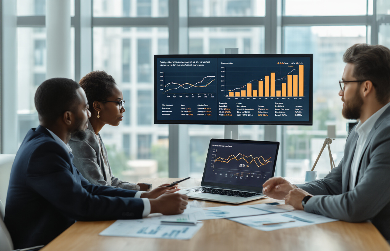 SEO Experts at Garage 2 Global Helping Businesses Grow Online 7 Create a realistic image of a professional business meeting scene with a white male SEO consultant presenting investment growth charts and analytics on a laptop screen to two diverse business owners (one black female, one white male) sitting around a modern conference table, with upward trending graphs and ROI metrics visible on the screen, in a bright contemporary office setting with large windows showing natural daylight, conveying success and professional growth atmosphere, absolutely NO text should be in the scene.