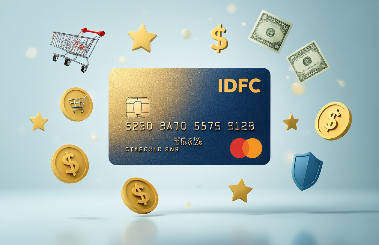 Create a realistic image of an IDFC credit card prominently displayed in the center with bright golden and blue colors, surrounded by floating benefit icons including a shopping cart, money symbols, cashback percentage signs, reward points stars, and protective shield symbols, all arranged in a clean modern layout with a soft gradient background in white and light blue tones, professional lighting highlighting the card's premium finish, absolutely NO text should be in the scene.