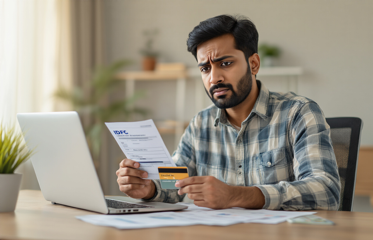Create a realistic image of an Indian male in his 30s sitting at a modern desk with a laptop, holding IDFC bank credit card application documents in his hands, with a concerned but hopeful expression on his face, surrounded by minimal paperwork indicating the simplified application process, in a well-lit home office setting with warm natural lighting, absolutely NO text should be in the scene.