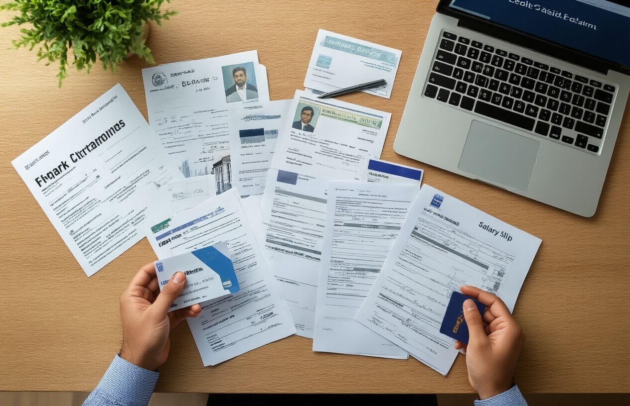 Create a realistic image of a neatly organized collection of financial documents spread on a clean wooden desk, including bank statements, salary slips, identity cards, and passport, alongside a laptop displaying a credit card application form, with a professional indoor office setting in soft natural lighting, and a South Asian male's hands holding some documents. Absolutely NO text should be in the scene.