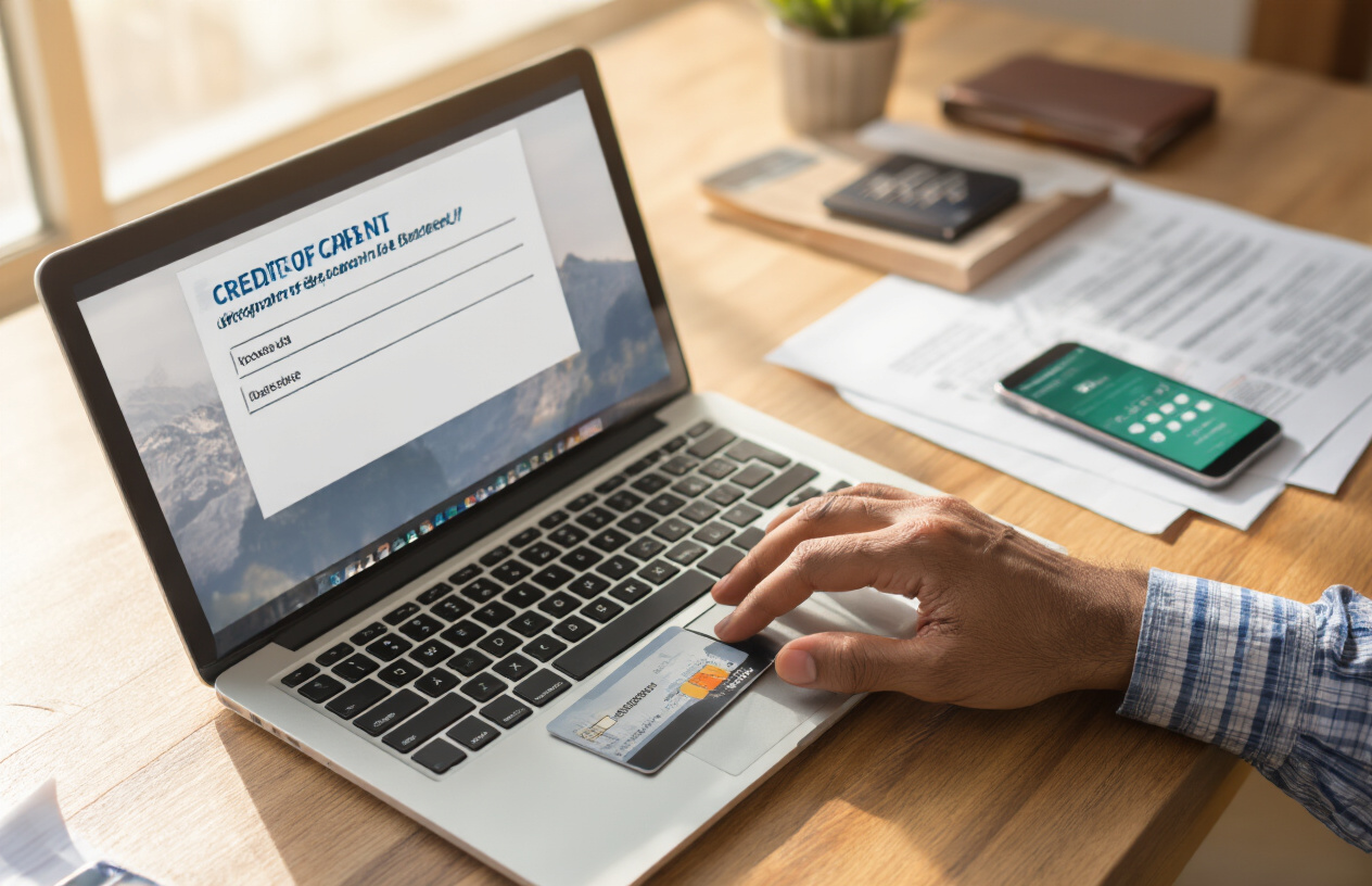 Create a realistic image of an Indian male's hands typing on a laptop keyboard with a credit card application form visible on the screen, a smartphone placed nearby showing a banking app interface, official documents and papers scattered on a wooden desk, warm indoor lighting creating a focused work atmosphere, modern home office setting with a clean and organized workspace. Absolutely NO text should be in the scene.
