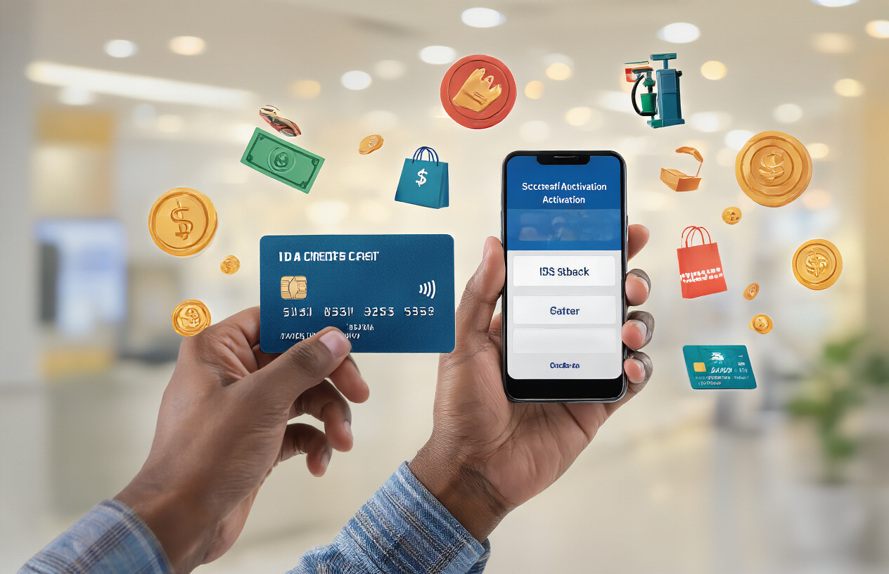 Create a realistic image of a South Asian male hand holding a newly activated IDFC credit card with a smartphone displaying a successful activation message on the screen, surrounded by floating icons representing various credit card benefits like cashback symbols, shopping bags, fuel pump icons, and reward points, set against a clean modern banking environment with soft professional lighting, showing a sense of accomplishment and financial empowerment, absolutely NO text should be in the scene.