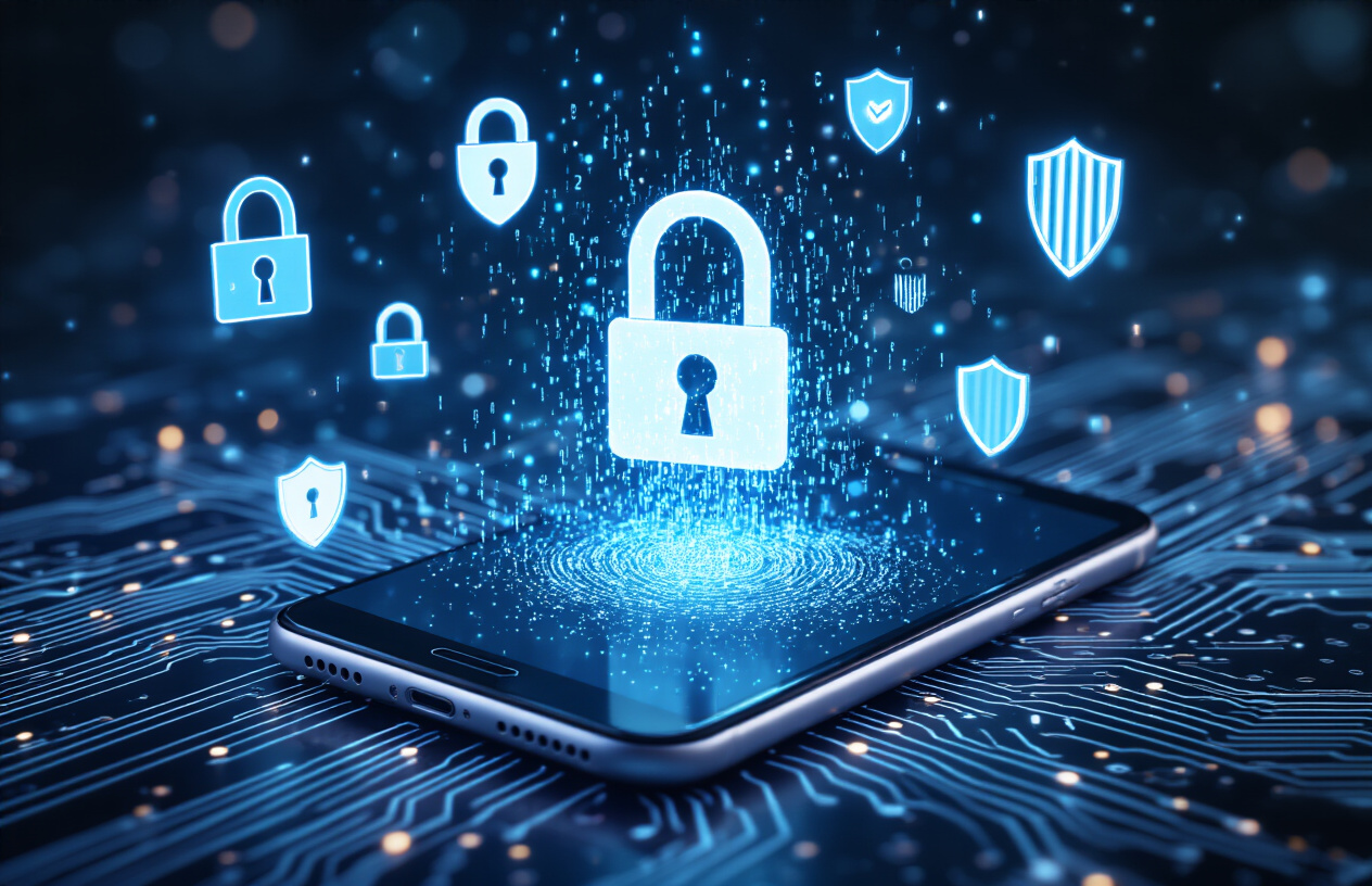 Create a realistic image of a modern smartphone displaying VPN connection interface with digital security icons floating around it, including padlock symbols, shield icons, and encrypted data streams represented as flowing blue light particles, set against a dark tech background with subtle circuit board patterns, featuring a clean and professional atmosphere with soft blue and white lighting, emphasizing cybersecurity and mobile protection concepts, absolutely NO text should be in the scene.