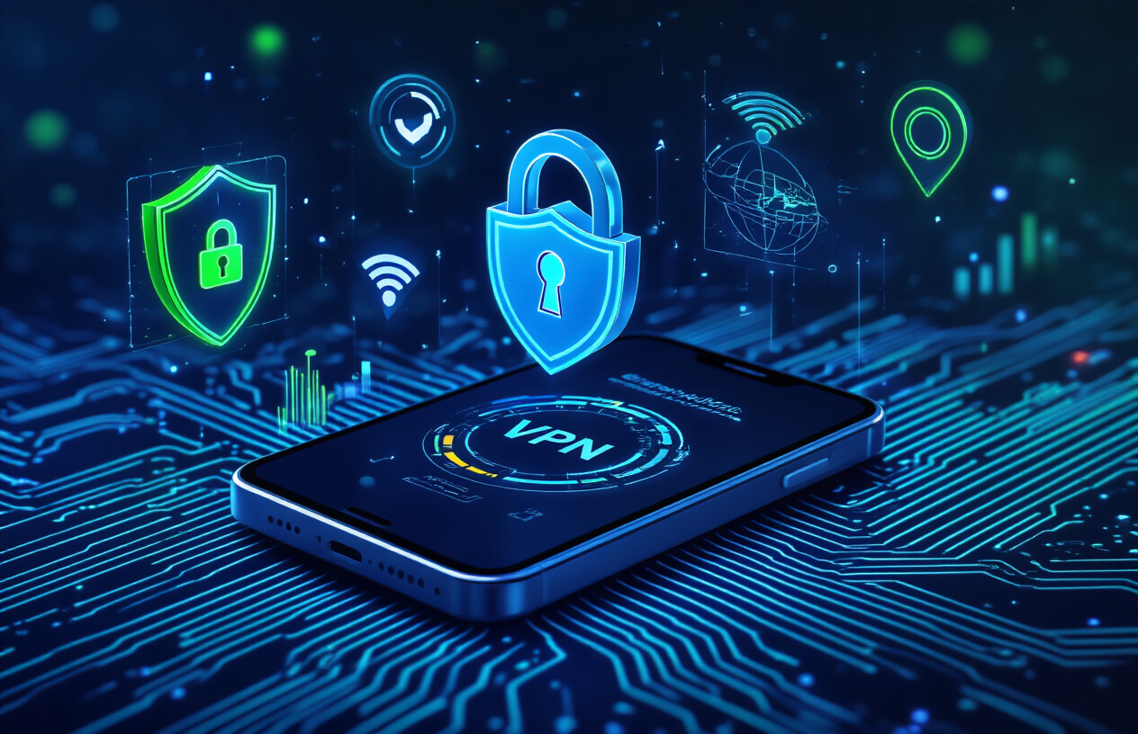 Create a realistic image of a modern smartphone displaying a sleek VPN application interface with vibrant blue and green connectivity icons, surrounded by floating digital elements representing key VPN features including a shield symbol for security, a speedometer gauge showing fast connection speeds, server location pins from around the globe, and wireless signal waves, all set against a clean tech-focused background with subtle circuit patterns and a professional lighting setup that emphasizes the mobile device and floating feature icons, absolutely NO text should be in the scene.