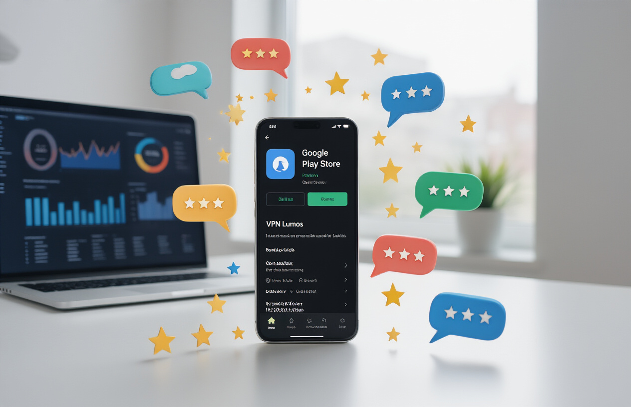 Create a realistic image of a modern smartphone displaying the Google Play Store app page for VPN Lumos with visible star ratings, download numbers, and user review thumbnails, surrounded by floating colorful review speech bubbles and rating stars in the air, placed on a clean white desk with a laptop computer showing analytics charts and graphs in the background, soft natural lighting from a window, professional office environment atmosphere, absolutely NO text should be in the scene.