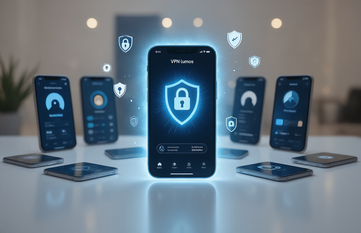 Create a realistic image of a smartphone displaying VPN Lumos app interface in the center, surrounded by multiple other smartphones showing different VPN applications with their interfaces, with the VPN Lumos phone positioned slightly higher and glowing with a bright blue aura to indicate superiority, speed indicator symbols and shield icons floating around the VPN Lumos device, other competing VPN apps appearing dimmer and less prominent, modern tech workspace background with soft lighting, clean minimalist composition emphasizing the comparison between applications, absolutely NO text should be in the scene.