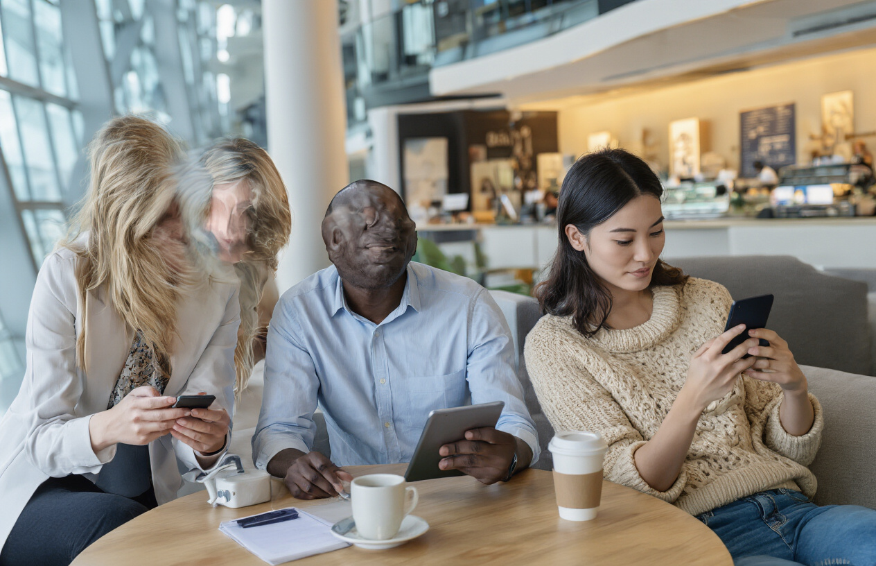 Create a realistic image of diverse professionals using mobile devices in different settings: a white female business traveler sitting in an airport lounge using her smartphone, a black male remote worker at a home office desk with his tablet, an Asian female digital nomad working on her phone at a coffee shop, and a white male casual user browsing on his smartphone while relaxing on a couch, all representing different demographics who benefit from VPN usage, with modern lighting and contemporary environments showing connectivity and digital privacy themes, absolutely NO text should be in the scene.