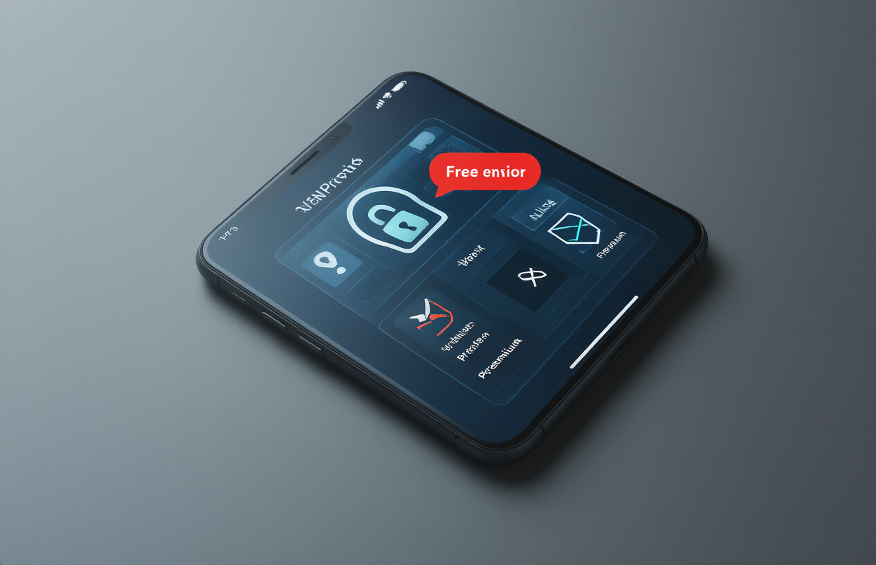 Create a realistic image of a smartphone displaying a VPN app interface with warning symbols and limitation icons, including a small red exclamation mark overlay, advertisement banners visible on the screen, a "free version" label, and subtle visual indicators of restricted features like crossed-out premium options, set against a dark background with moody lighting to convey the concept of service limitations and drawbacks, with the phone positioned at a slight angle on a clean surface. Absolutely NO text should be in the scene.